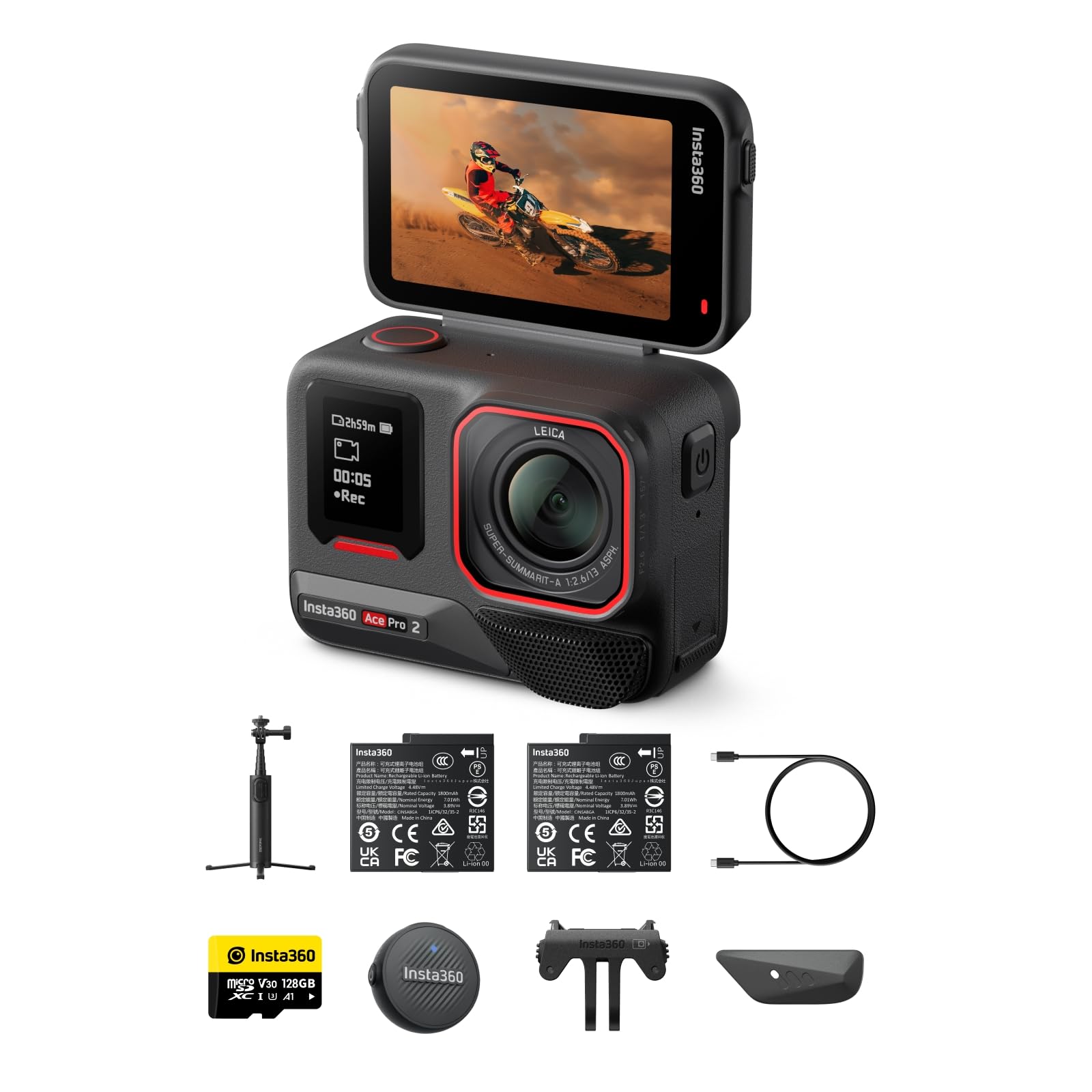 Insta360 Ace Pro 2 Pack Vlog - Action Cam Impermeabile in 8K co-ingegnerizzata con Leica, sensore 1/1.3",doppio chip IA, superba in bassa luce,touchscreen direzionale ed Editing IA per Vlog.