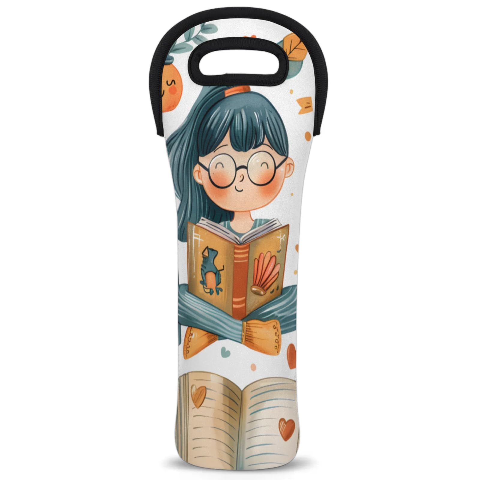 Neoprene Wine Tote Carrier Bag for Wine,Water, Champagne, Beer, Baby Bottles 15.6 x 5.1 Inches, Protective Wine Bag,Book Girl