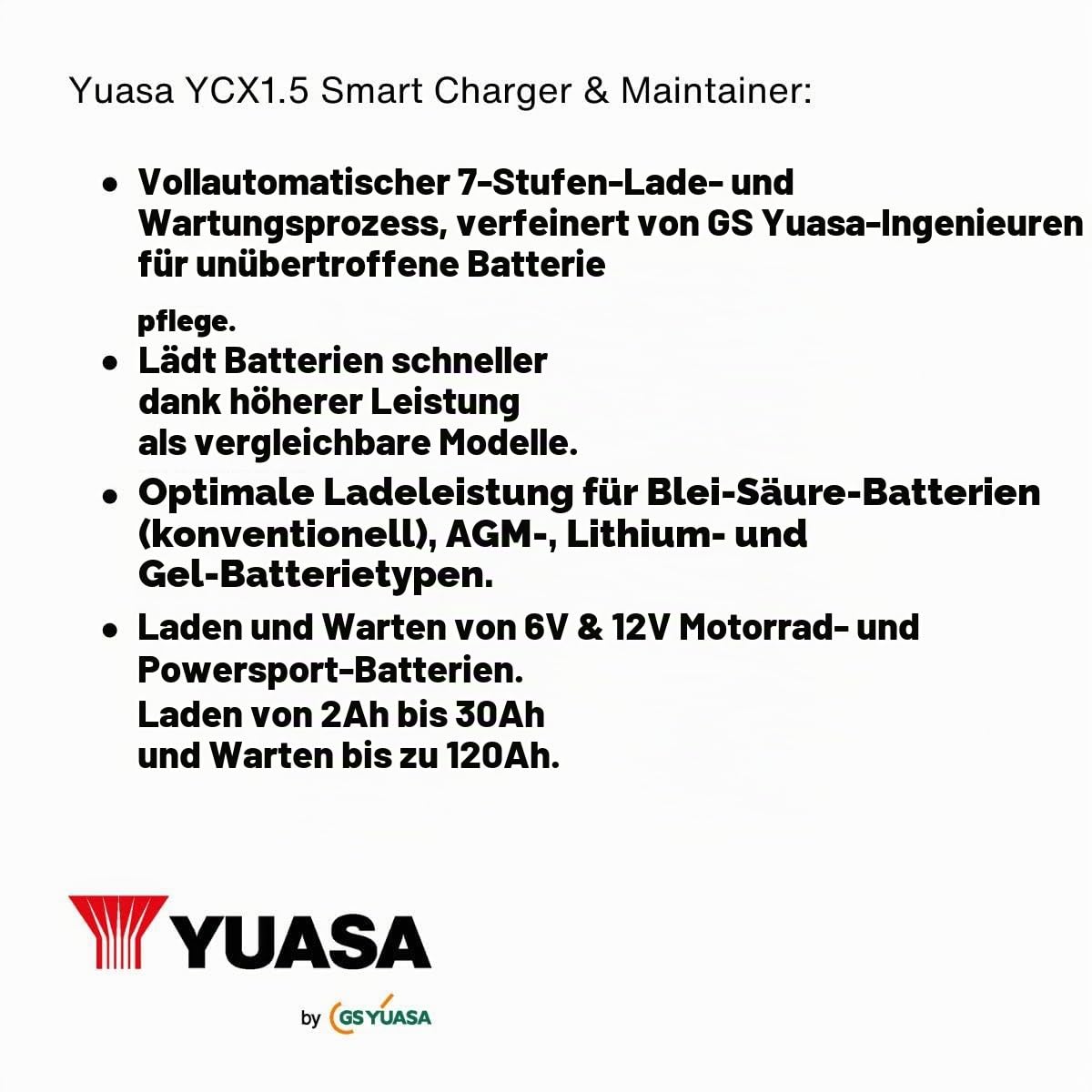 Yuasa YCX1.5 6/12 V 1,5 A Motorradbatterie-Smart-Ladegerät | 7-Stufen-Ladung, Kompatibel mit 6V & 12V, Sicher, Fehlererkennung, Einfache Plug & Play Bedienung