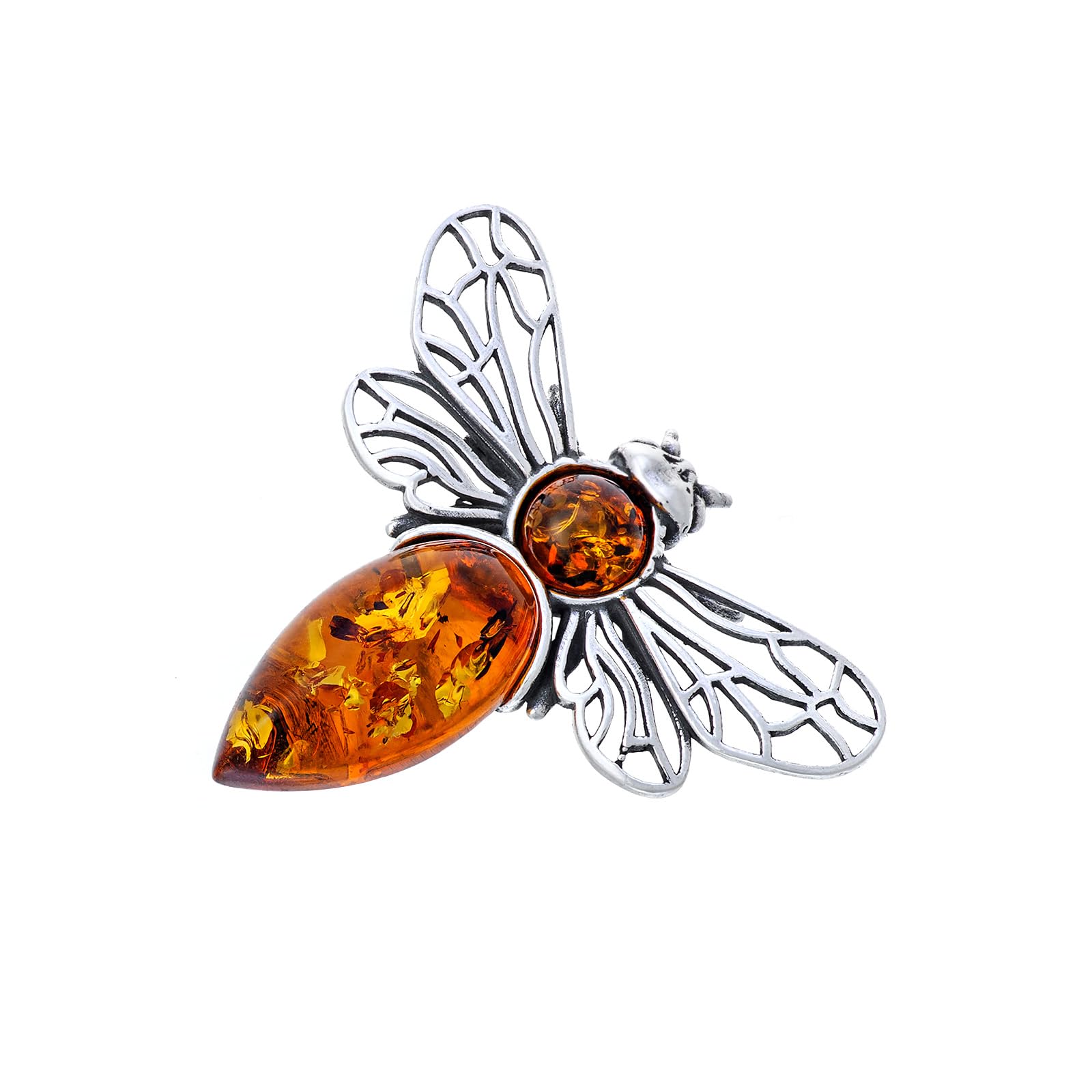 Broche de plata para mujer, diseño de abeja mod. 3 con ámbar, plata de ley pulida, ámbar báltico natural en color coñac, Plata esterlina