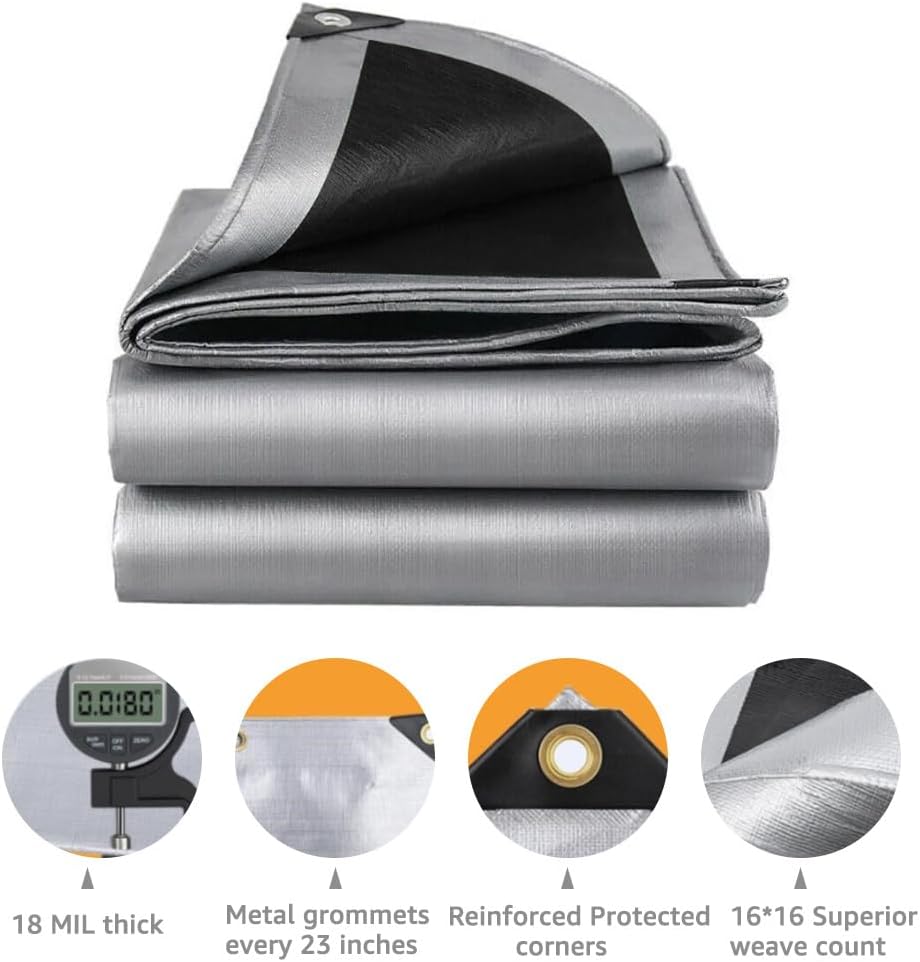 Tarps 20x24 FT Waterproof Heavy Duty Tarp – 18 Mil Thick, UV & Tear Resistant, Reinforced Grommets & Edges – Multi-Purpose Cover for Camping, Roof, Emergency, Truck, Boat (20ft x 24ft), Silver