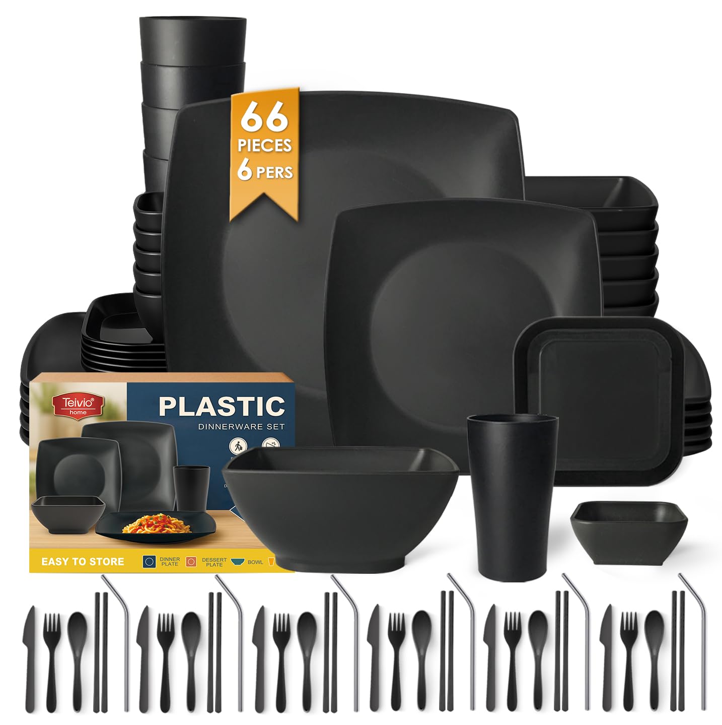 Teivio Juego de 66 piezas de cocina de plástico reutilizable cuadrado para 6 platos, cuencos y tazas de plástico irrompibles, color negro