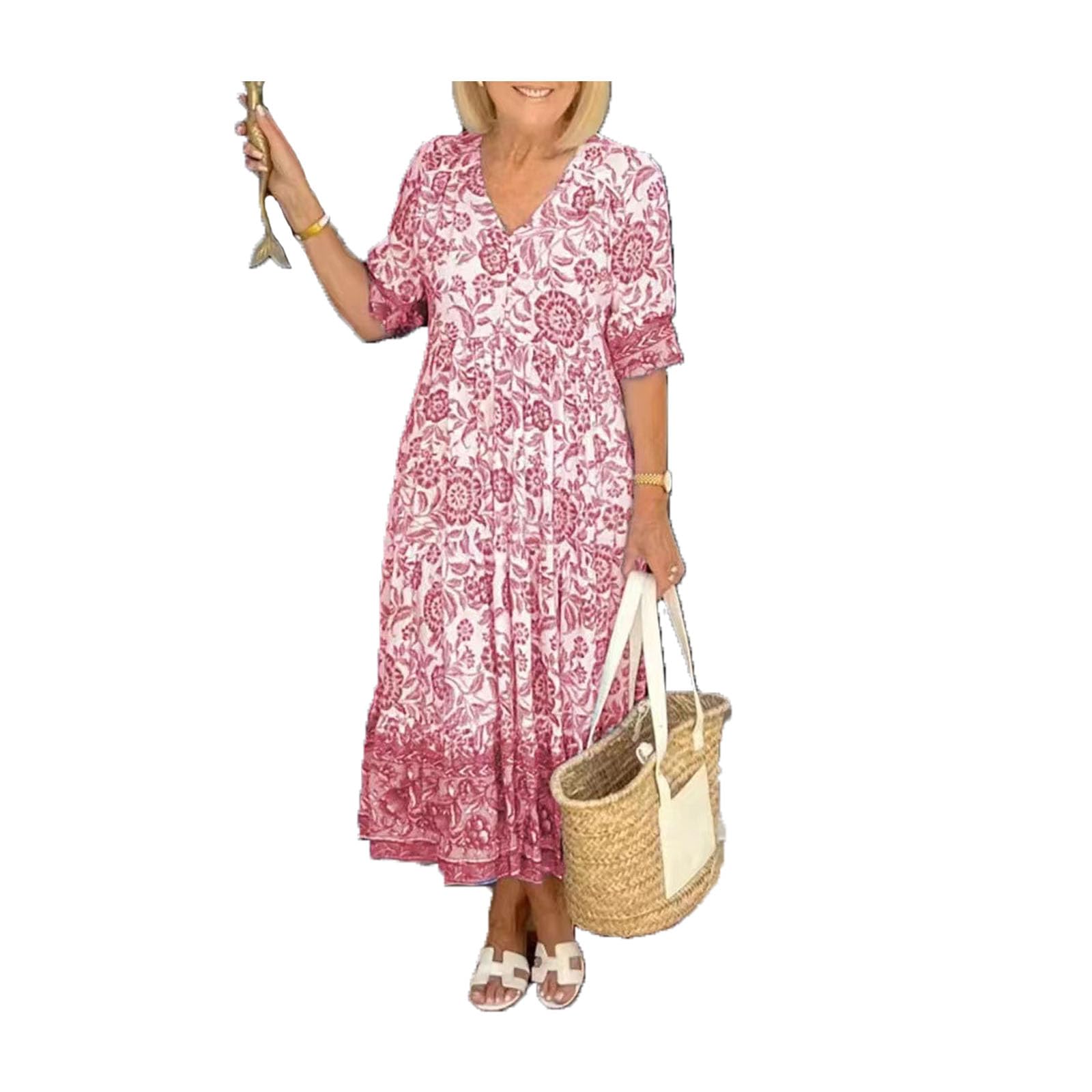 TAITUS Vestido Largo con Cuello en V con Estampado Casual para Mujer, Vestido de Verano de Talla Grande con Manga 3/4, Vestido Cruzado Floral con Cuello en V Envolvente Bohemio