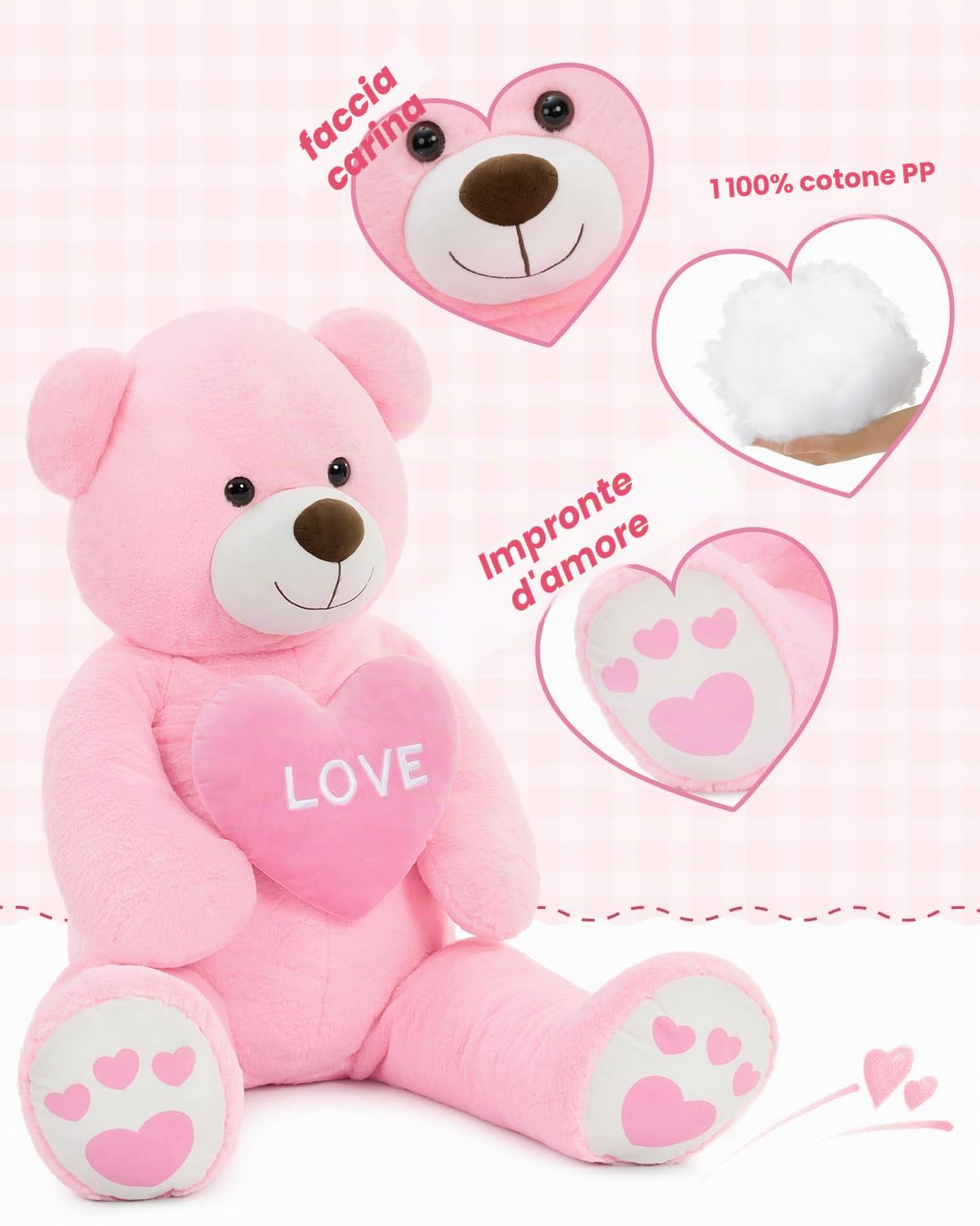 MorisMos 130cm Orso Peluche Gigante con Love, XXL Rosa Orsacchiotto di Peluche Grande Morbido Orsetto Pupazzo Regalo per Bambino Fidanzata Compleanno San Valentino