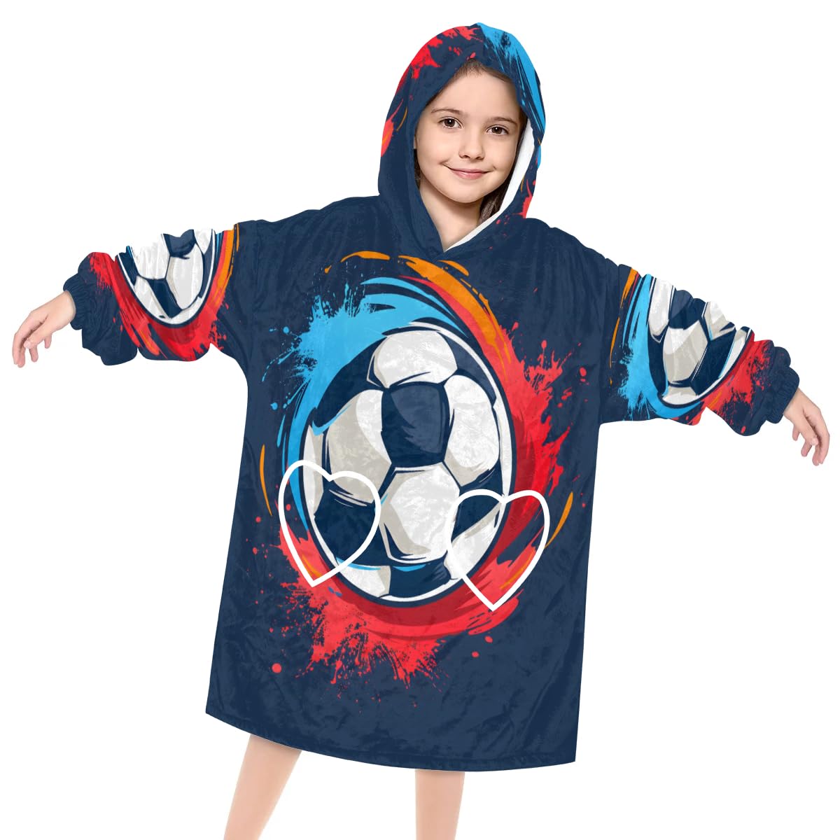 Pardick Wearable Blanket Hoodie for Kids, Graffiti Football Fleece Sweatshirt Blanket Oversized Blanket Sweatshirt with Pocket Flannel Warm Hooded Blanket 6-10 Year Old Girl Boy Gift, One Size