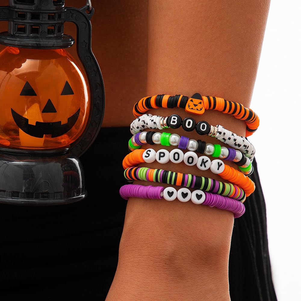 Qikam Kit De Perles D'Halloween, Kit De Fabrication De Bracelets De Perles D'Halloween | Perles D’espacement De Citrouille Fantôme,Perles De Lettres