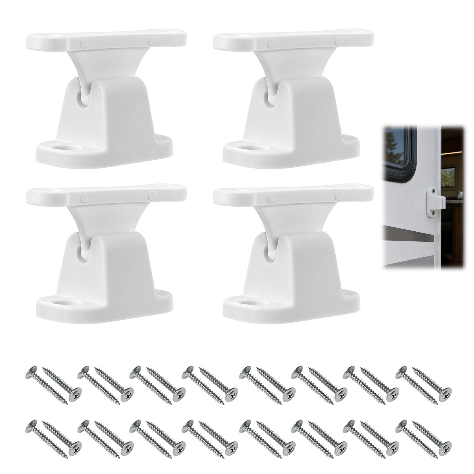 Caravan Door Retainer Catch, Secure T-Shape Door Holder for Motorhomes and RVs, White Square Design with Four Screws Included.