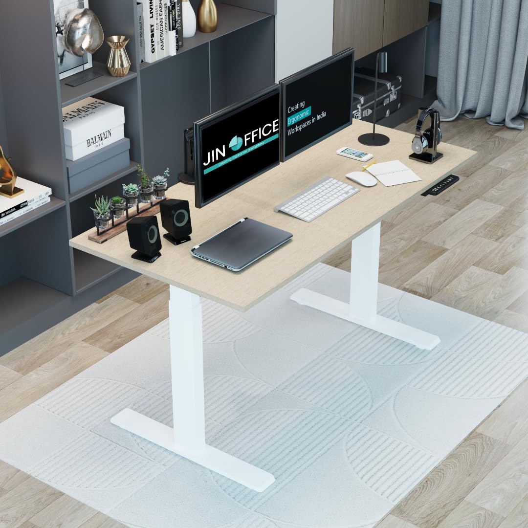JIN OFFICE Titan Premium Dual Motor 3-Stage Electric Height Adjustable Desk| Sit Stand Table for Home| Standing Desk with 125Kg Wt. Cap, 3 Year Warranty| 3 Memory Presets| White & Maple | 1500 * 750mm
