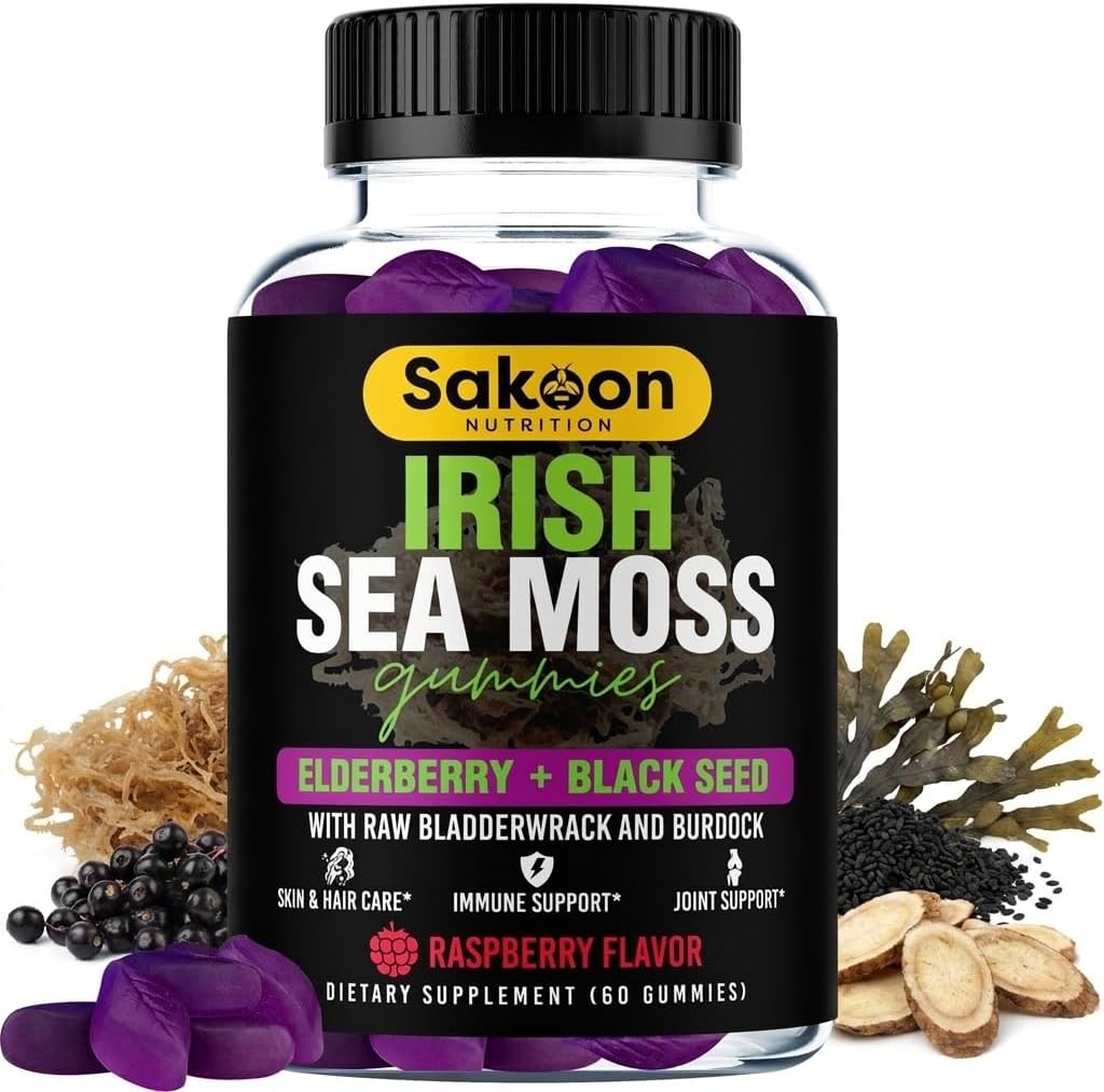 Sakoon nutrition Wildcrafted Irish Sea Moss Gummies with Bladderwrack, Burdock Root, Elderberry & Black Seed Oil – Vegan, Non-GMO – 60 Gummies