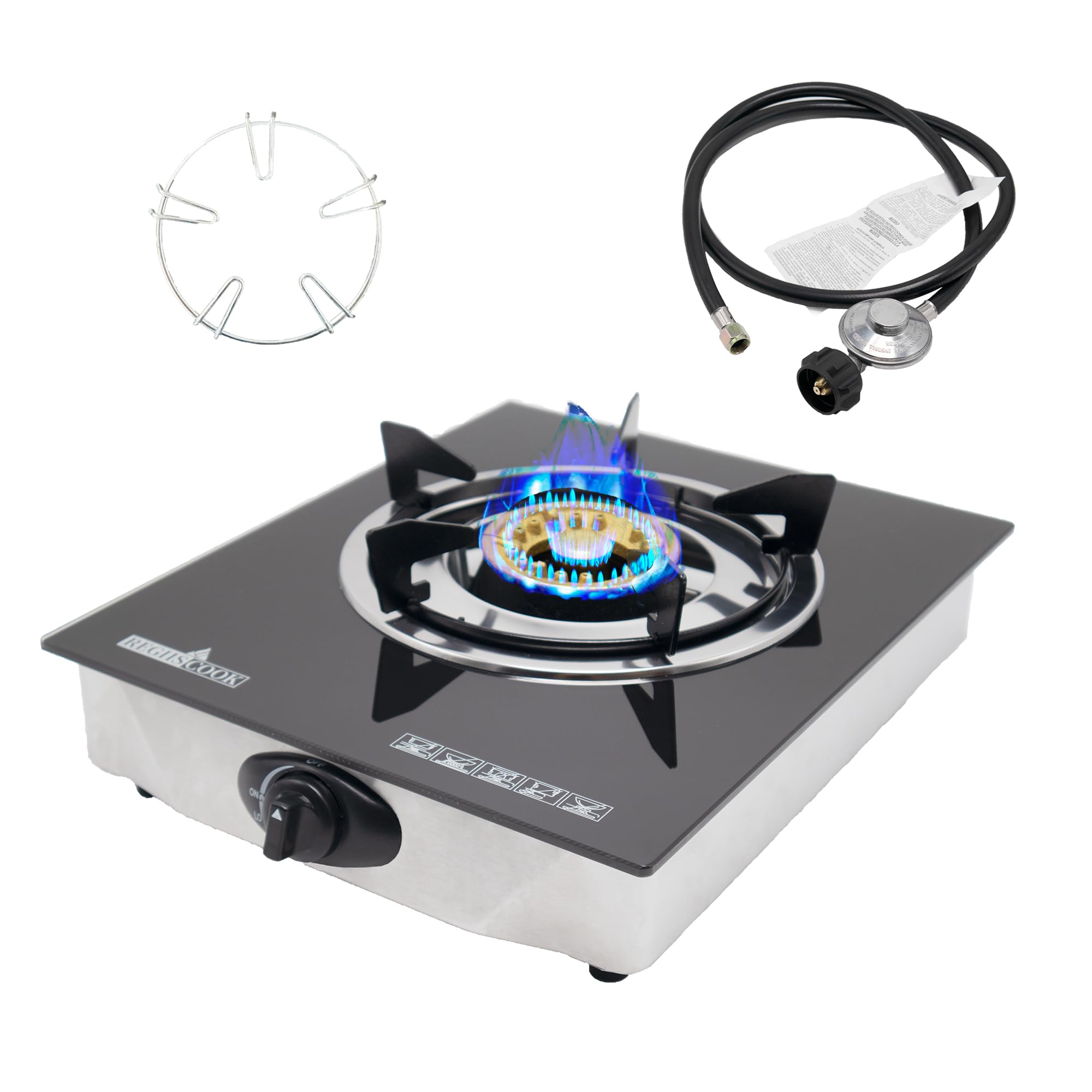 1 Burner Propane Gas Cooktop,Camping Portable LPG Gas Stove, Auto Ignition Tempered Glass Countertop Regulator and Burner Grate