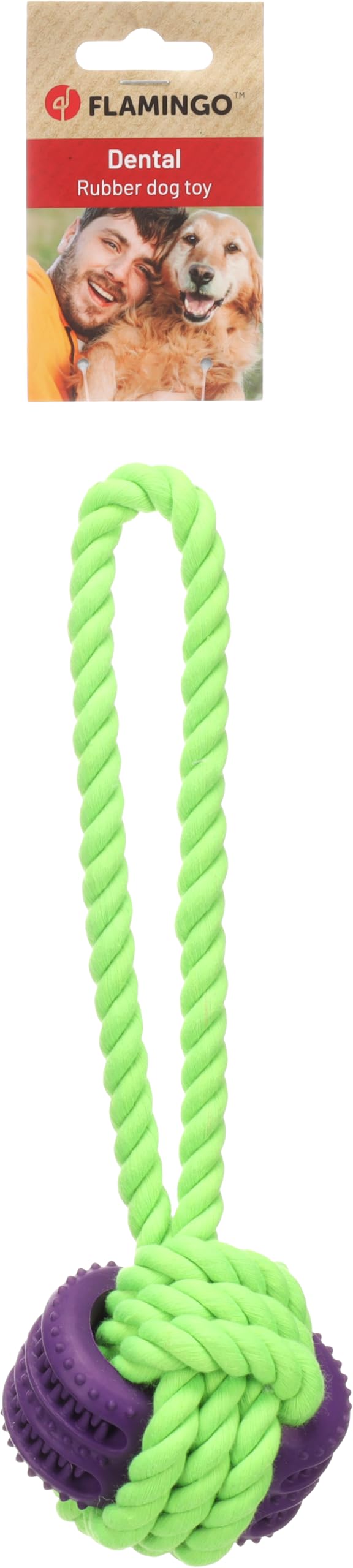 Flamingo TOY GROPA TUG ROPE + RUBBER BALL GREEN/PURPLE L 28x8,5x8,5CM