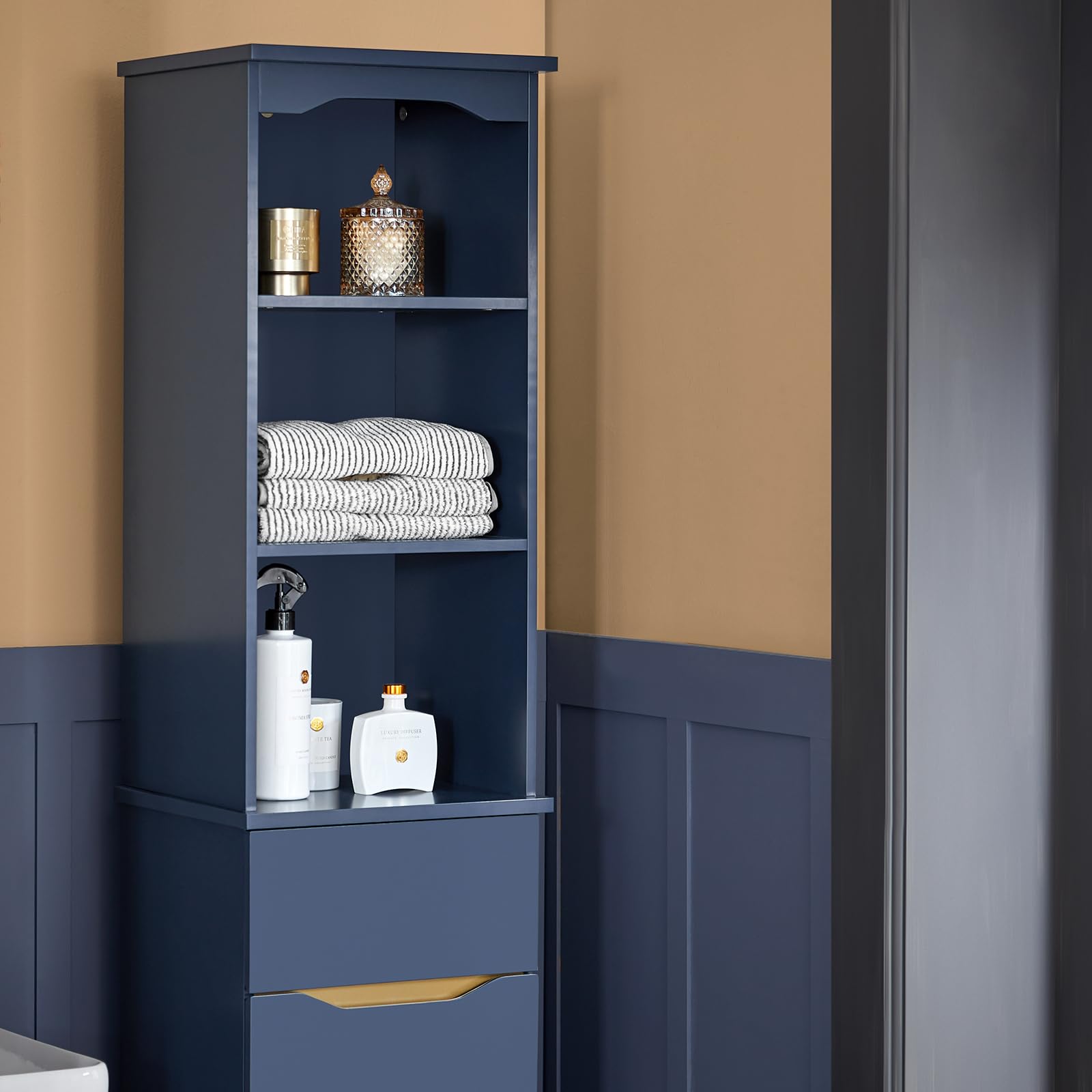 SoBuy Meuble Salle de Bain Colonne Rangement avec 3 Étagères Ouvertes, Armoire avec Porte et Tiroir Petit Meuble de Rangement Salle de Bain pour Espaces Réduits 35 x 30 x 170 cm BZR112-B