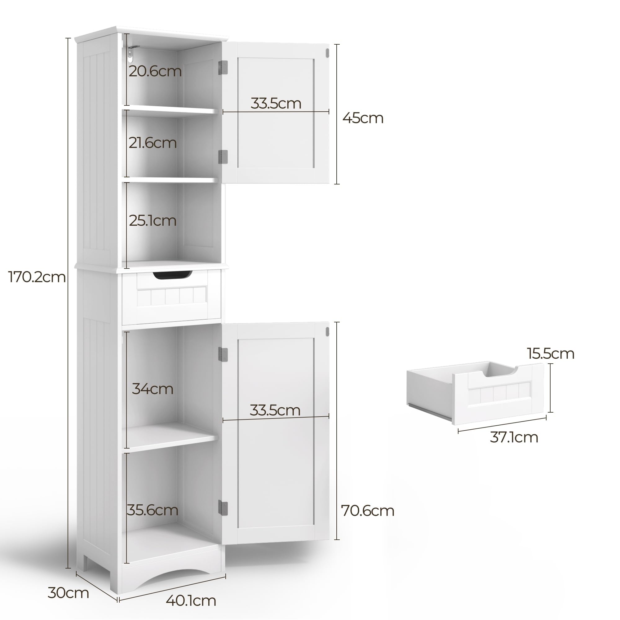 Mobiletto da Bagno Alto con Ripiani Regolabili, Cassetto, Scomparto Aperto, Porte Magnetiche e Protezione Antiribaltamento – 170 x 40 x 30 cm (Bianco)