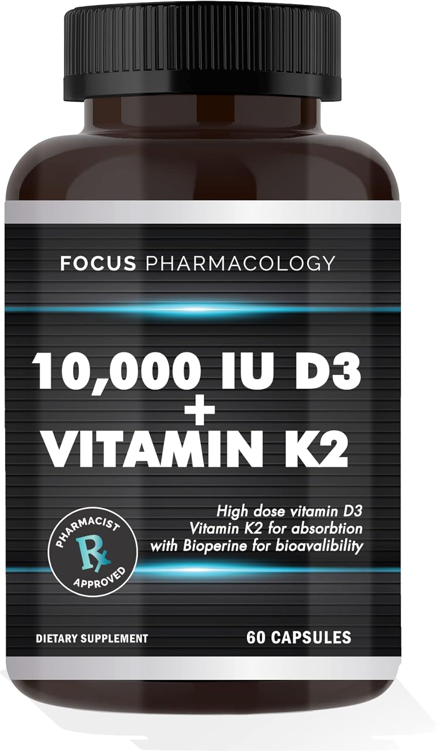 Vitamin K2 with D3 Extra Strength Supplement Bone | Heart Health Non-GMO Formula 10,000 IU Vitamin D3 & 200 mcg Vitamin K2 (MK7) | Easy to Swallow Vitamin K & D, 60 Capsules