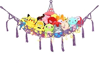 Stuffed Animal Net or Hammock Macrame Toy Hammock for Stuffed Animals With Lights Plush Toy Storage Hammock Corner Hanging Mesh Net Boho Nursery Organizer for Kidroom Playroom Purple
