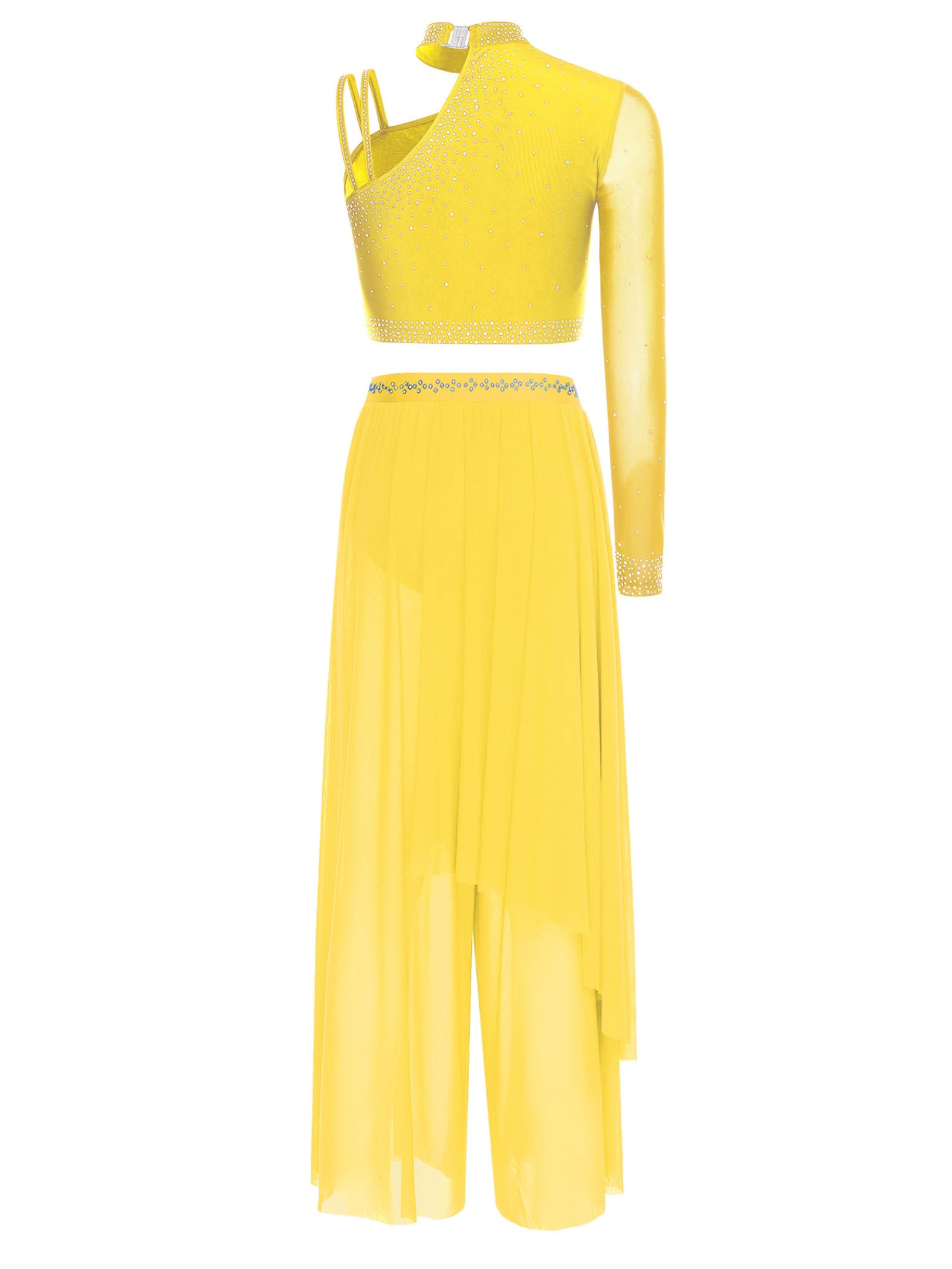 Traje Lírico Dos Piezas Mujer Atuendo Baile Ballet Top Recortado Con Encaje Hombro Asimétrico Y Pantalón Amarillo XL