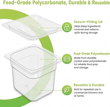 NSF Polycarbonate Food Pans with Lids 6-Pack 1/6 Size 6 Deep Clear | Hotel Pans Dishwasher Safe Commercial Food Storage Containers for Prep Tables, Buffet, Salad Bar, Restaurant & Home Kitchen