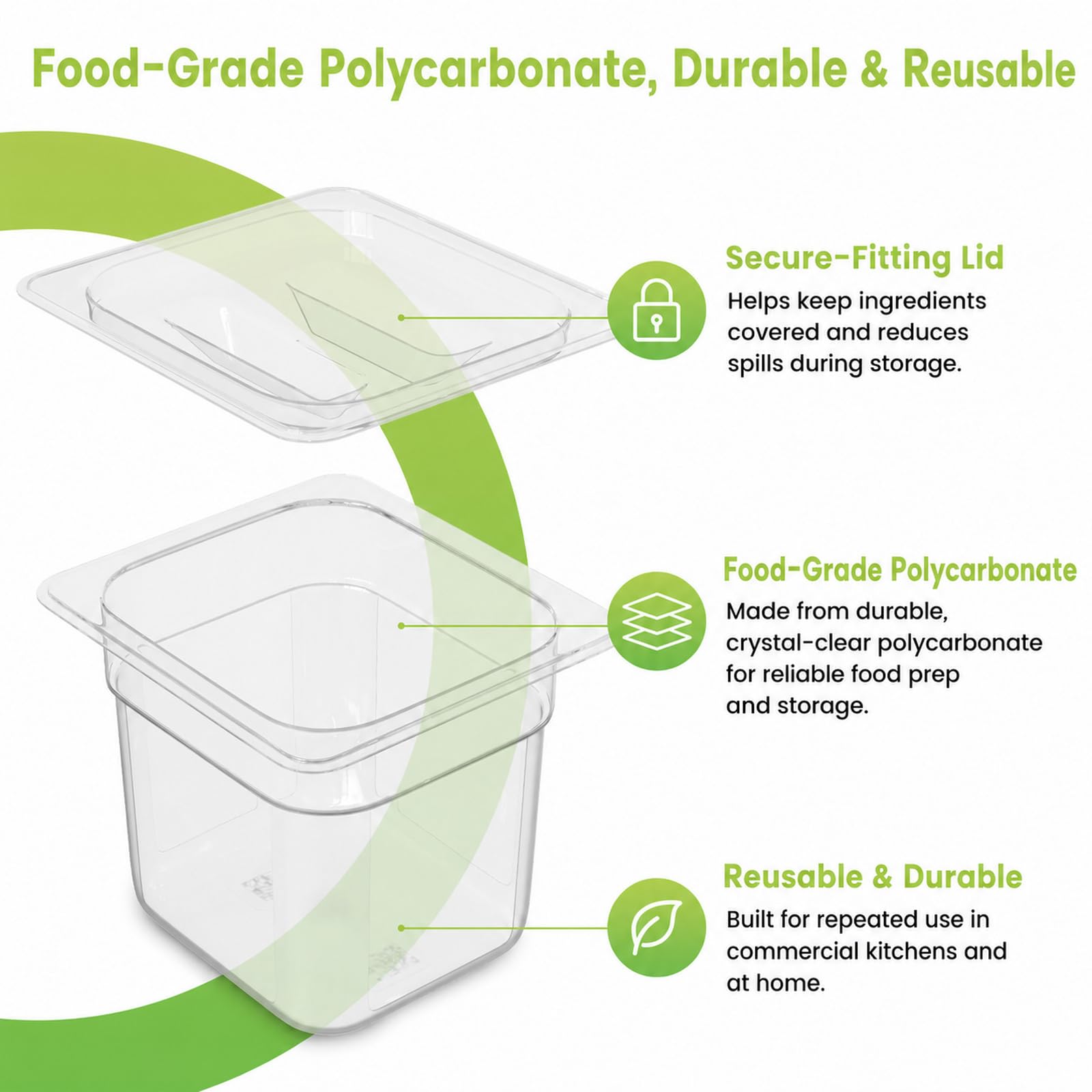 Confezione da 12 padelle in plastica per alimenti con coperchio, misura 1/6, 10,2 cm, per ristoranti, in policarbonato commerciale, per hotel, frutta, verdura, fagioli, mais (12 pezzi, 10,2 cm