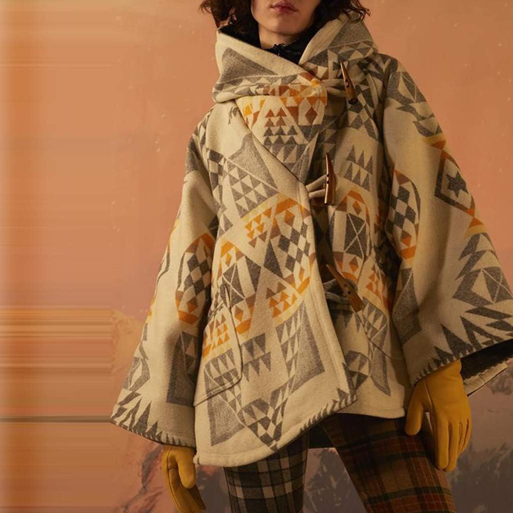 Jacket Womens Hooded Button Long Retro Coat Sleeve Printed Casual Coat Women's Coat Hated Jacket : Sports & Outdoors