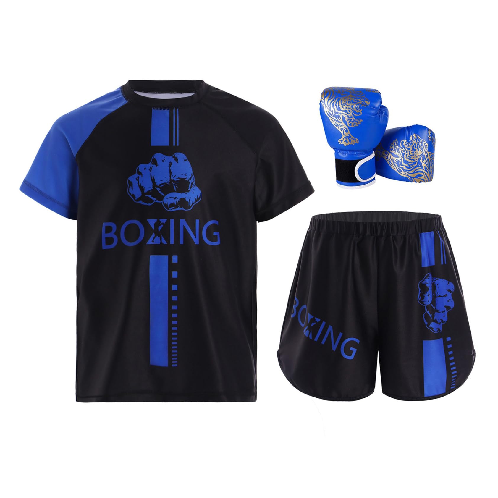Conjunto de traje de boxeo para niño y niño, camiseta + pantalones cortos + guantes de boxeo Muay Thai MMA Kickboxing