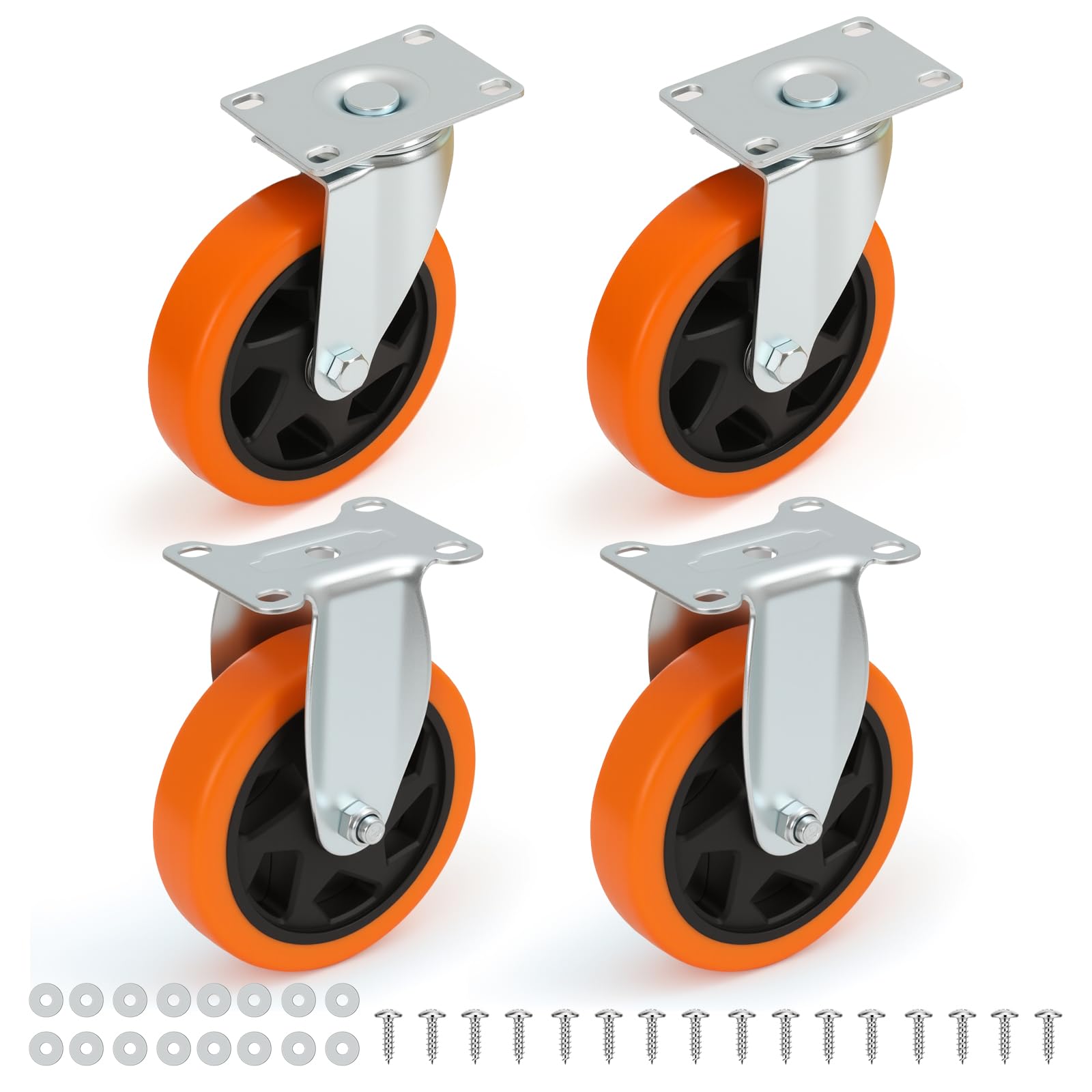 Nfbcxutkw 2 Rigid + 2 Swivel Casters 4 Inch Heavy Duty Casters Set Of 4, 2 Rigid + 2 Swivel, Orange Pu