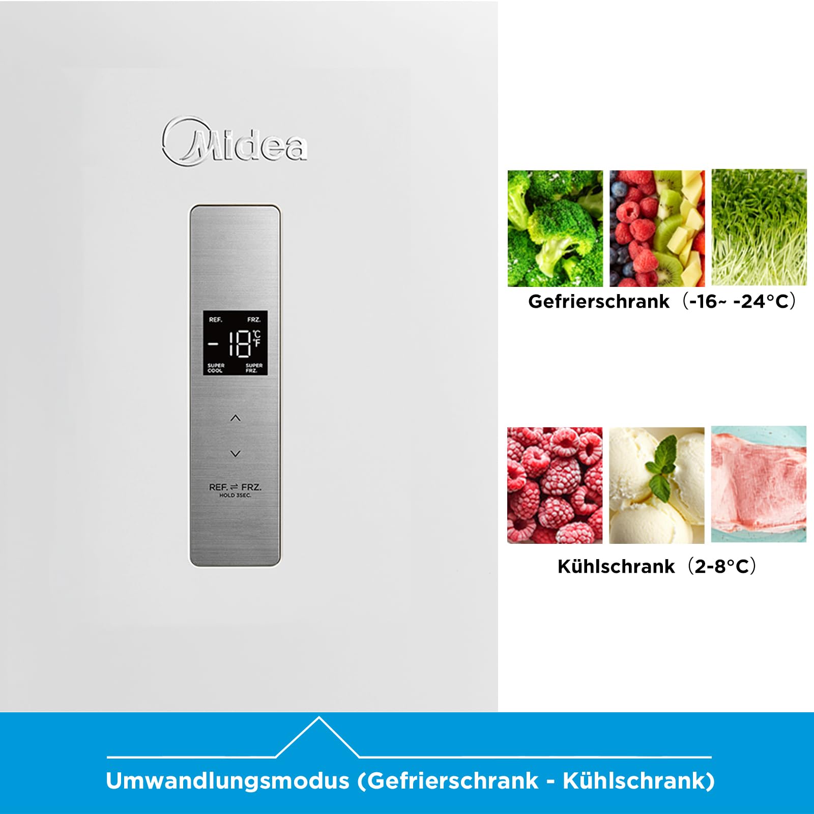 Midea MDRU333FZE01 Gefrierschrank/Kühlschrank/172,2 cm hoch/NoFrost/Flexible Kühl- und Gefrierfunktion/Superkühl/238L/Große Fächer/Zero Clearance/Easy Open Handgriff/Wechselbarer Türanschlag/Weiß
