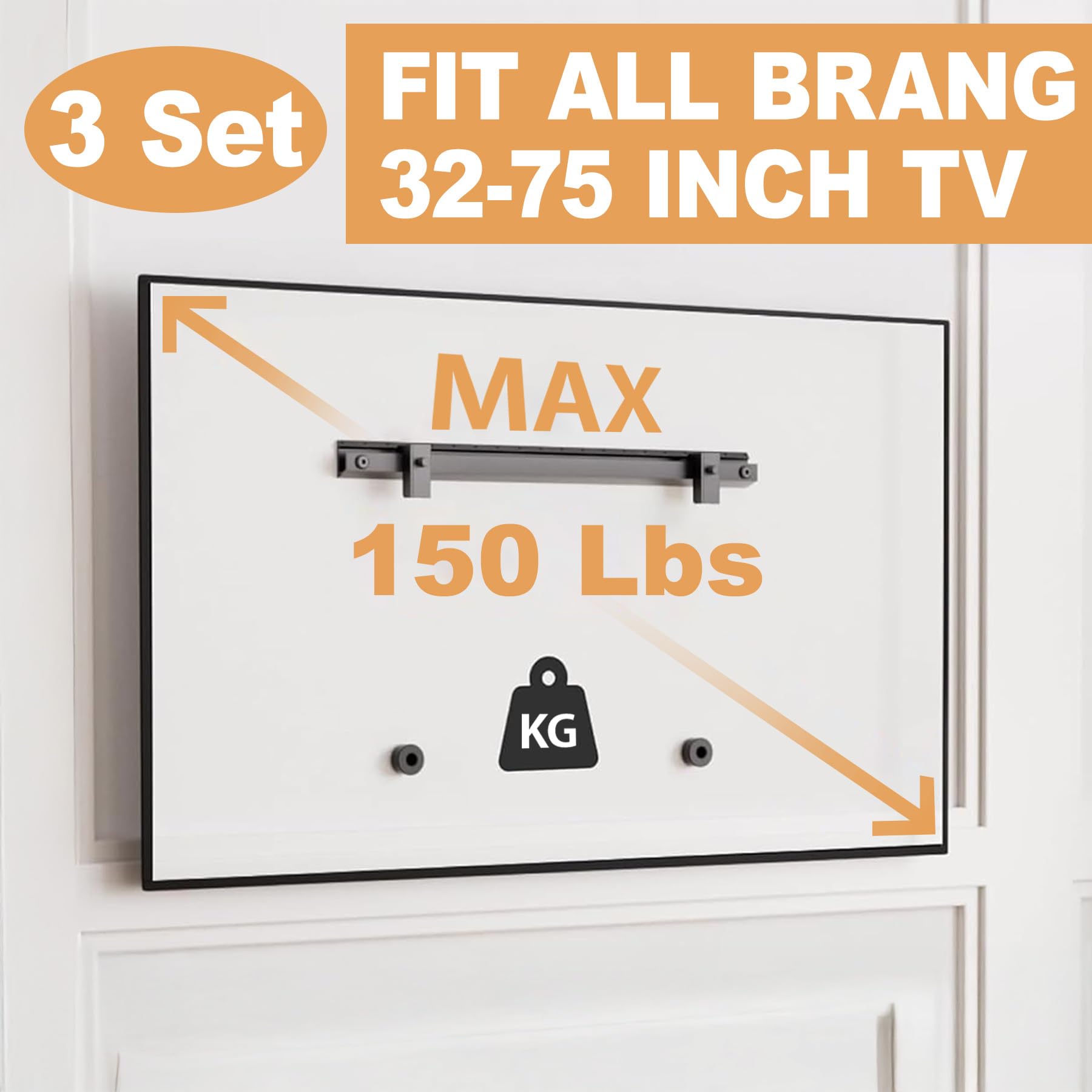 AENTGIU Set di 3 supporti da parete per TV a schermo piatto da 32-75 pollici, senza borchie, senza trapano, senza ancoraggio, facile da installare con tutti gli accessori inclusi