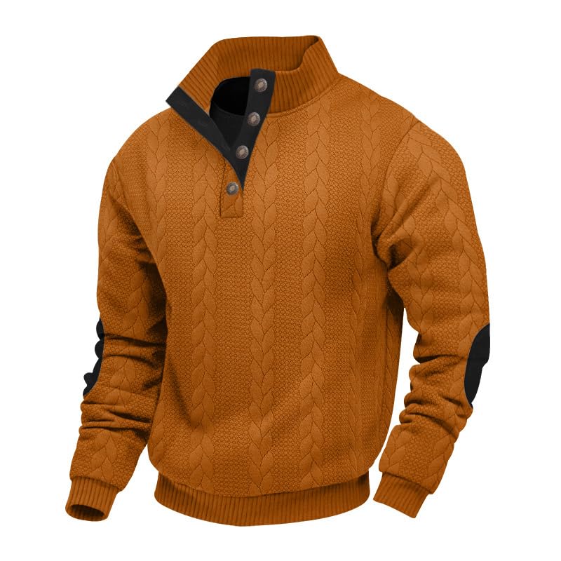 Mens Quarter Button Pullover Quilted Sweatshirt Knit Long Sleeve Mock Neck Sweater Polo