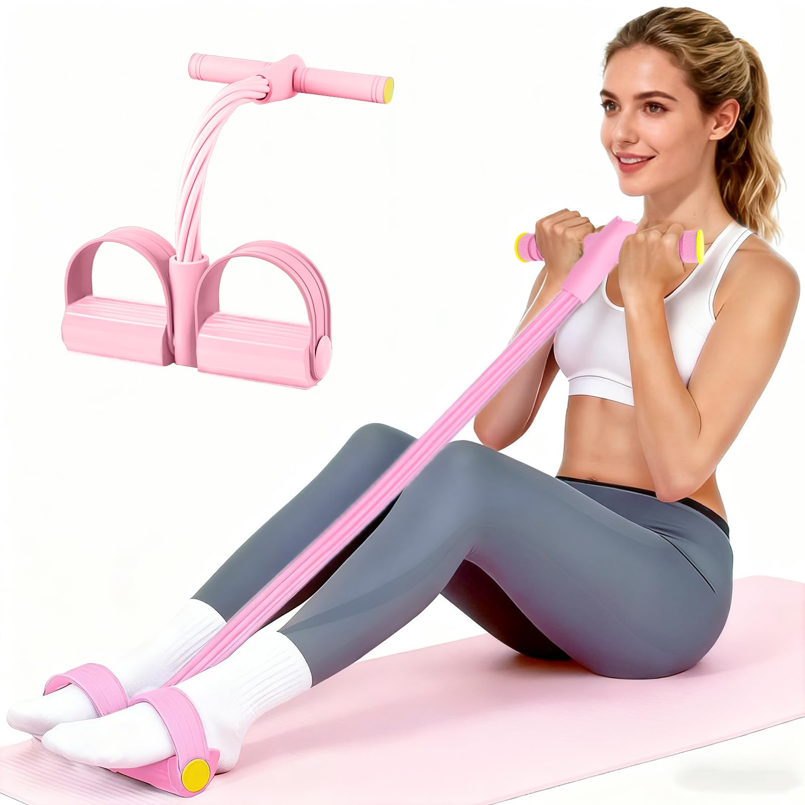 Photo 1 of Pedal Resistance Bands with Handles, Upgrade 6-Tubes Manual Tension Training Pedal, Natural Rubber Foot Pedal Resistance Bands, Multifunction Fitness Bands for Abdomen, Waist, Arm, Leg (Pink)