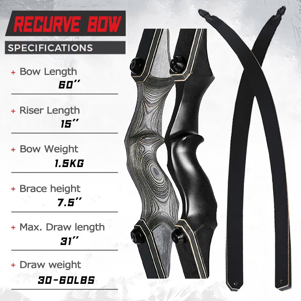 Set Arco e frecce Set Arco Ricurvo 60 pollici 30-60 libbre Arco Takedown per Adulti Tiro con l'arco Arco Ricurvo professionale da caccia per Tiro con l'Arco con Frecce