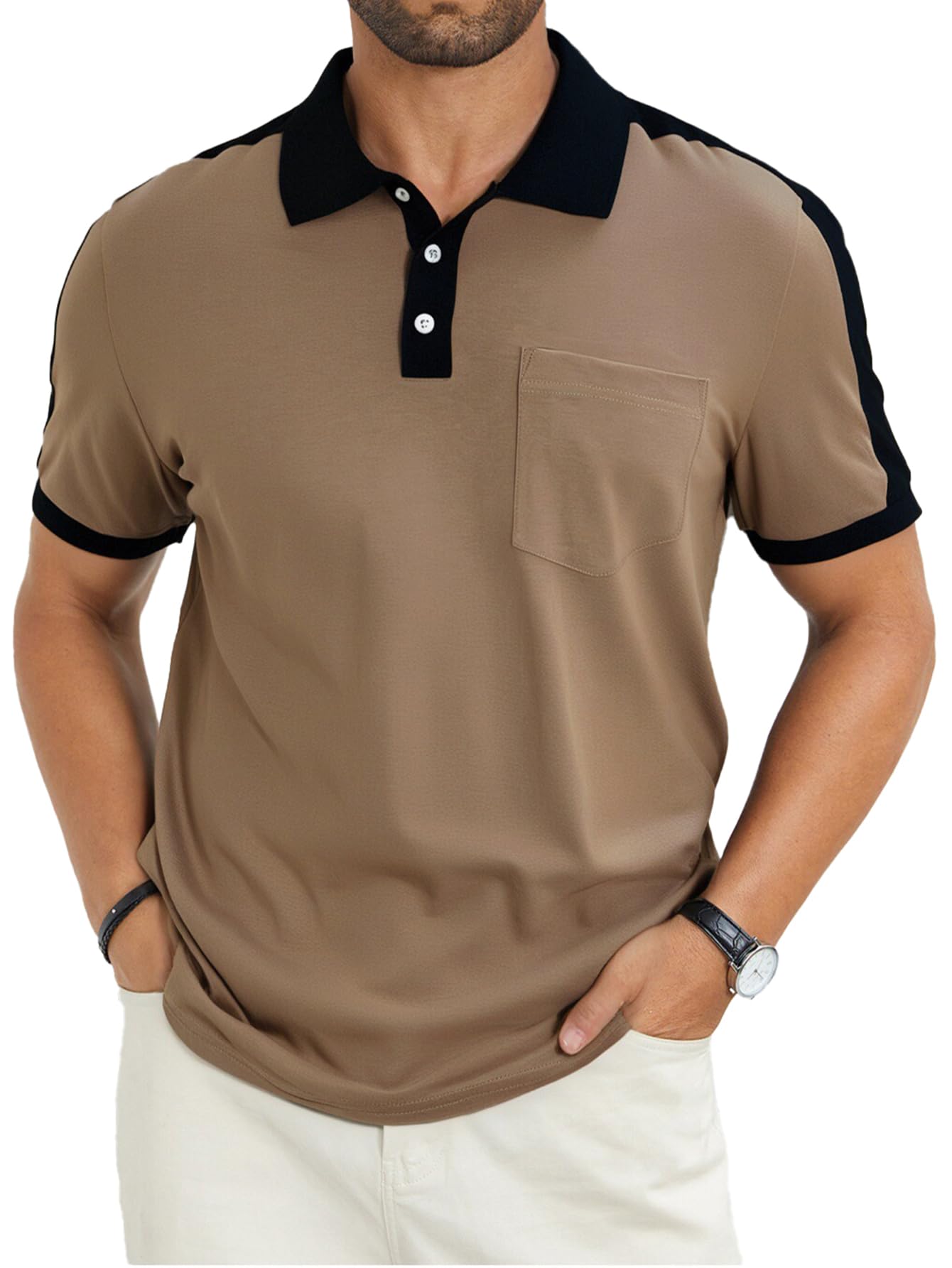 Men's Casual Polo Shirts Short Sleeve Classic Button Shirt Fashion Cotton Golf Tops with Pocket