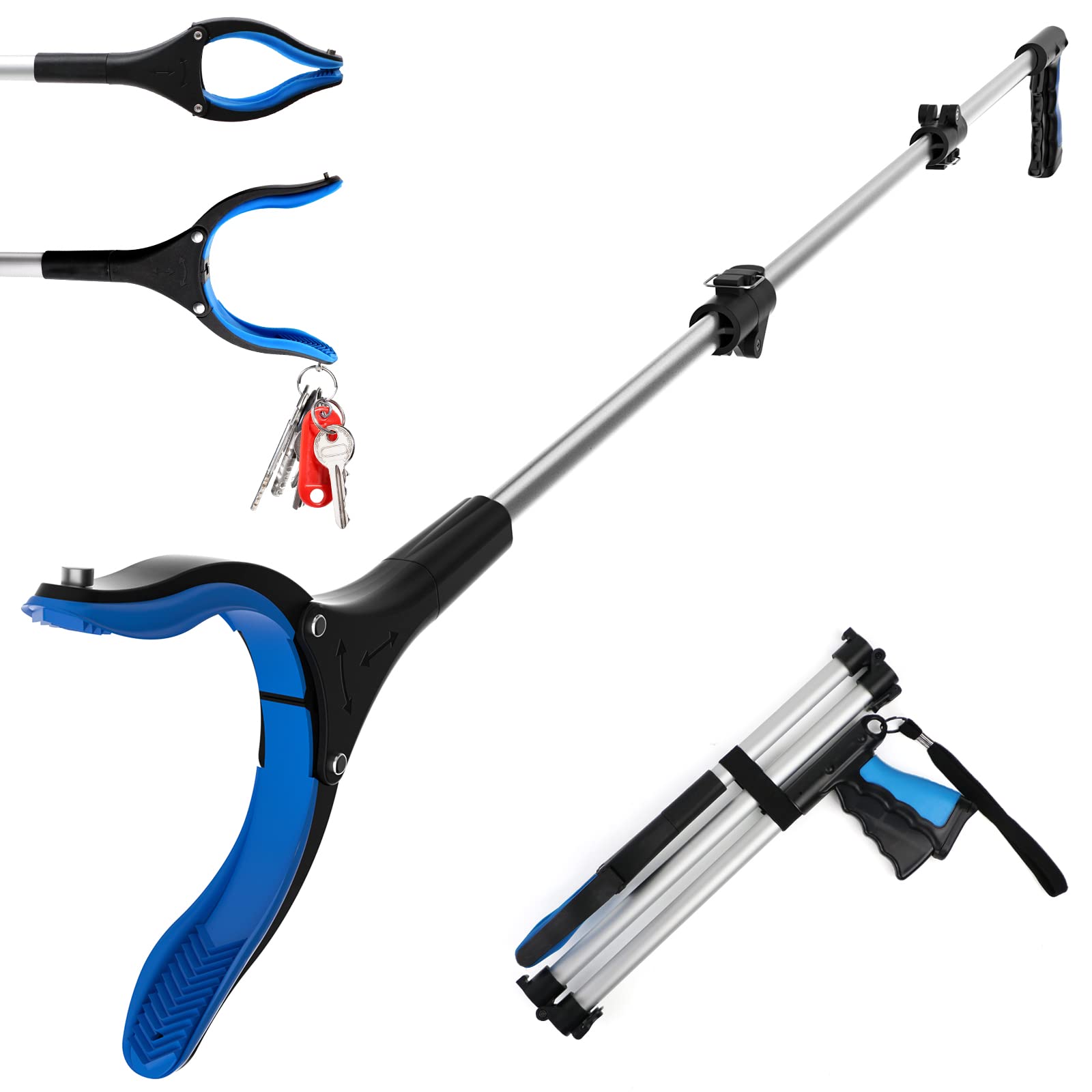 Reacher Grabber Pickup Tool, 43" Foldable Grabbers for Elderly Grab It Reaching Tool with 4" Wide Jaw, 360° Rotating Head, Ergonomic Handle, Grabber Tool for Trash Pick Up Stick