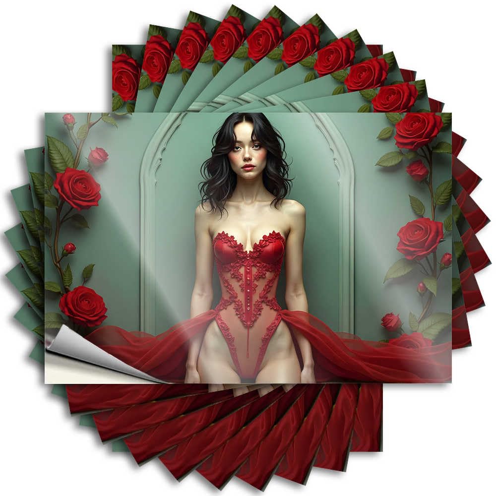 Beauty Tattoos - Western Diatomaceous Hard Red Lace Corset with Roses(6X9CM)
