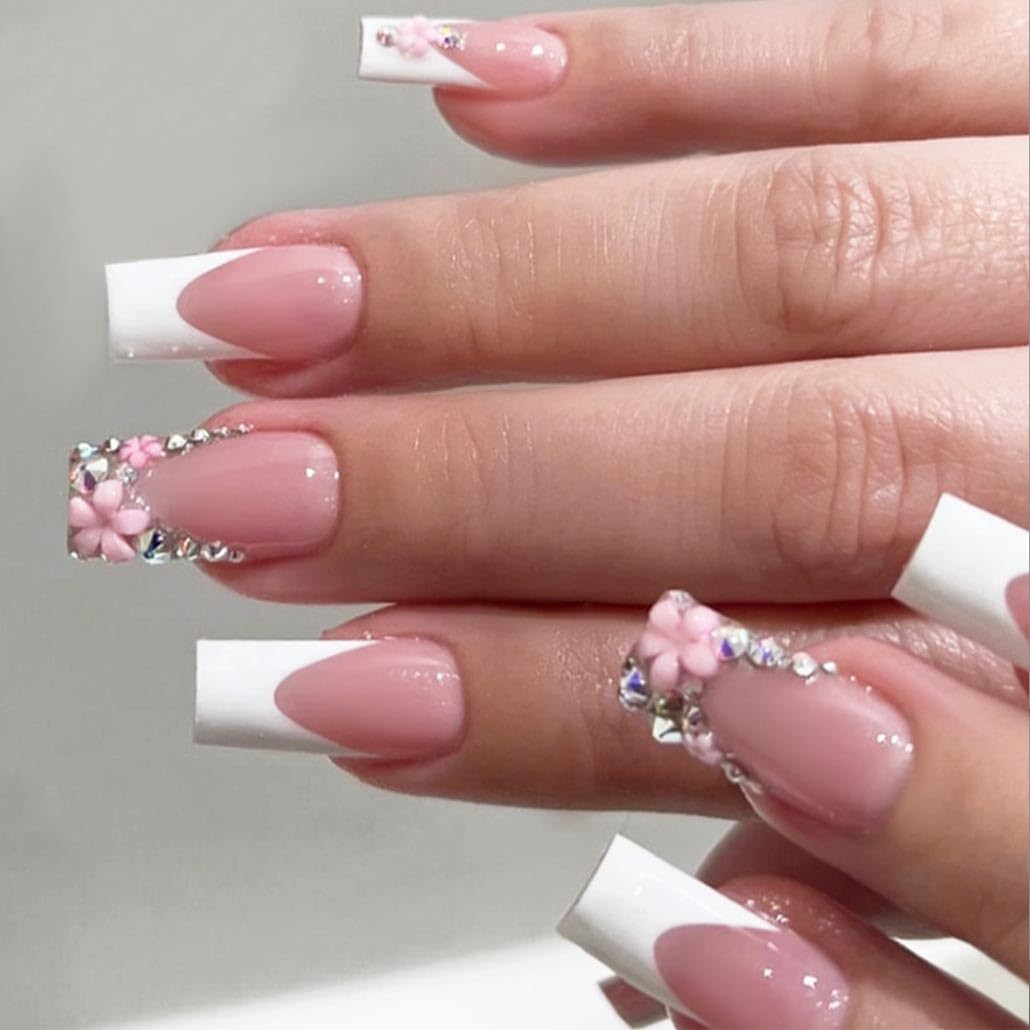 Foccna Press on Nails Pink French Fake Nails Medium Rhinestone Square Bling White Nails Glossy False Nail Tips Artificial Nails Luxury Finger Manicure for Women and Girls,24pcs (Square Nails 3)
