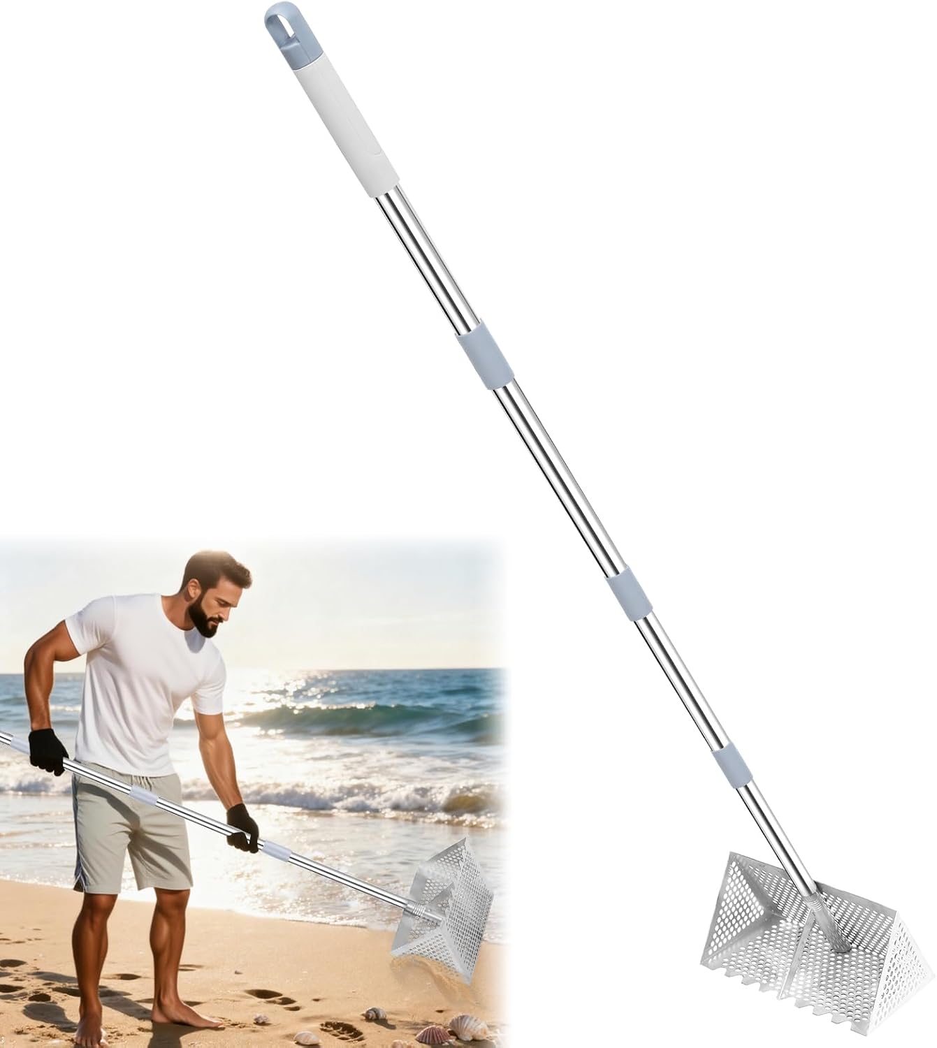 Sand Flea Rake, 65-Inch Long Handle Stainless Steel Sand Sifter - 13-Inch Wide Mesh Screen Shark Tooth Sifter for Beach/Seaside Collecting: Sand Fleas, Shark Teeth, Seashells & Marine Treasures