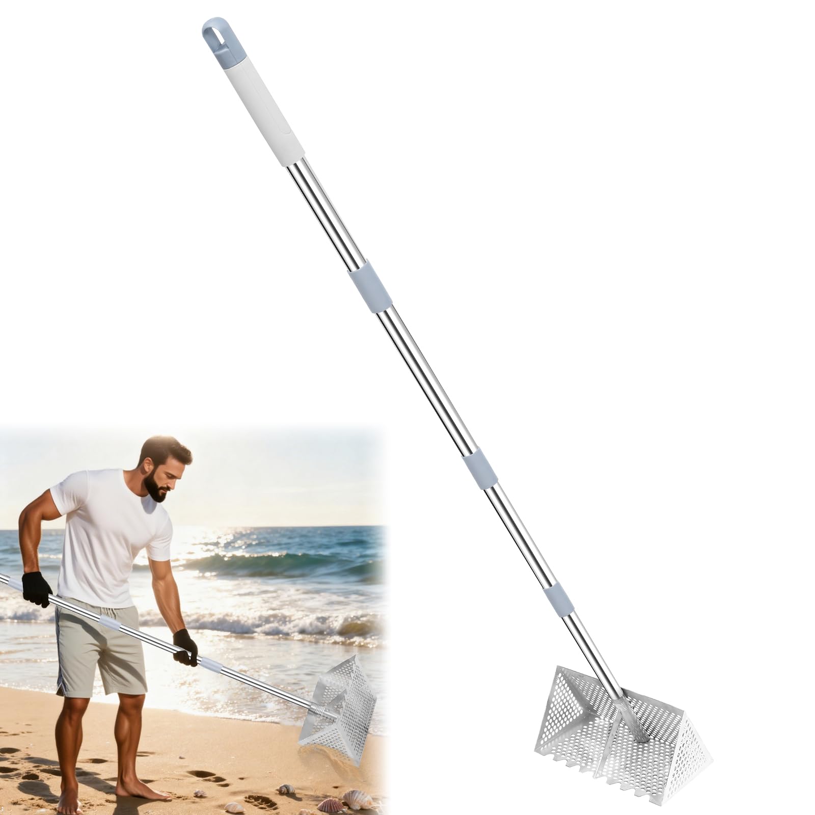 Sand Flea Rake, 65-Inch Long Handle Stainless Steel Sand Sifter - 13-Inch Wide Mesh Screen Shark Tooth Sifter for Beach/Seaside Collecting: Sand Fleas, Shark Teeth, Seashells & Marine Treasures-image-24