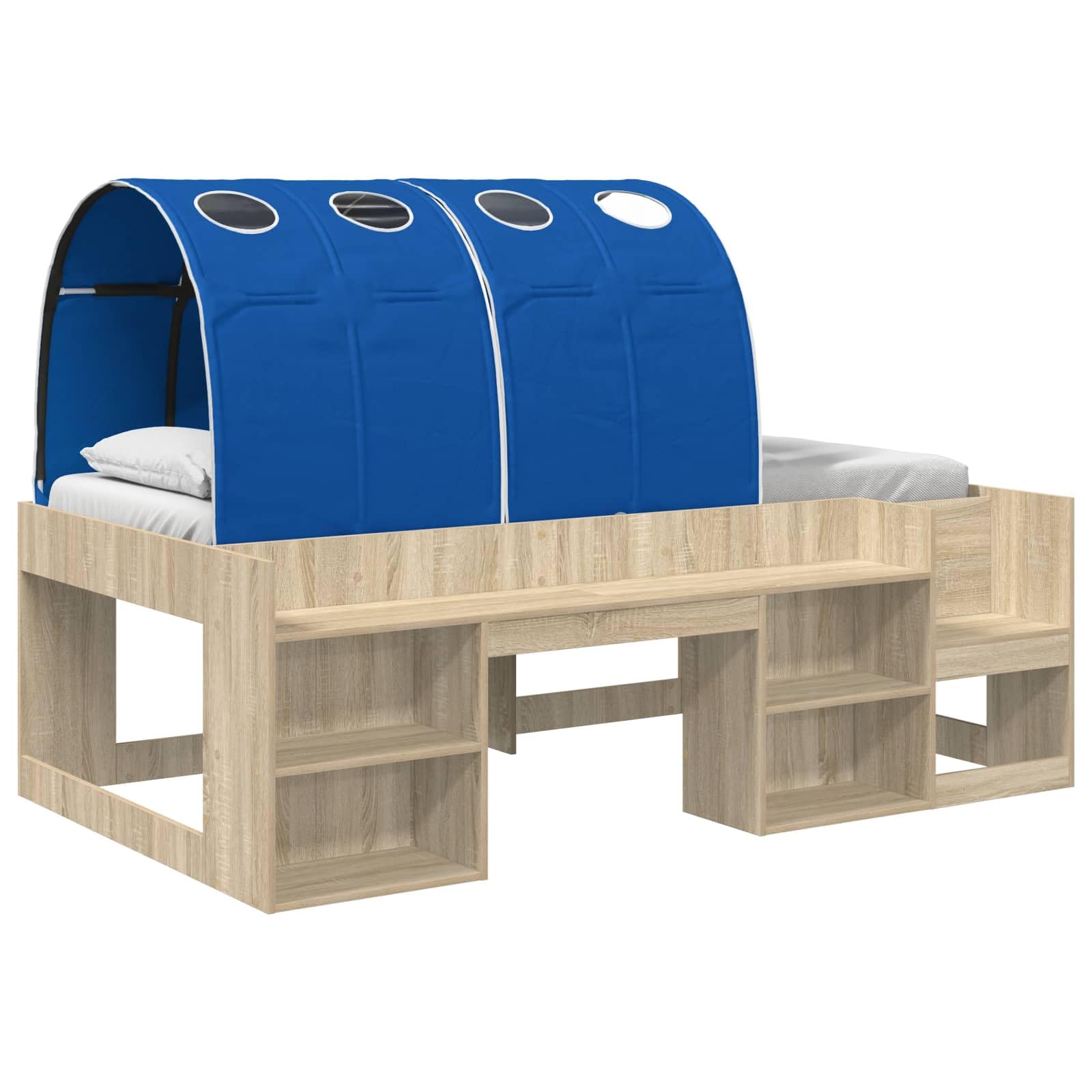 Cama moderna rectangular azul con barandas de seguridad y estantes minimalistas