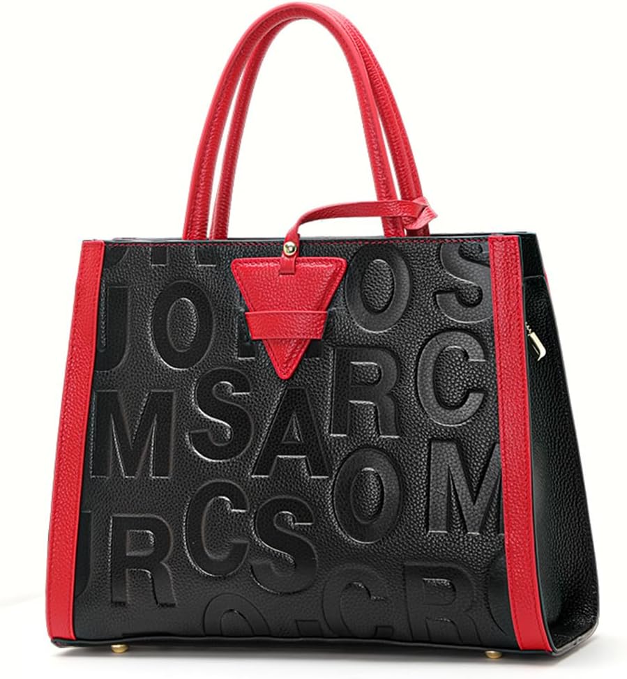 Leather leather handbag large capacity letter detachable shoulder strap color-blocked triangle women's single tote bag