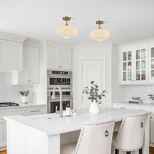 Miniatura 6 de Lámpara de Techo Semiempotrada de Latón Moderna de Mediados de Siglo Pequeña Lámpara de Techo Empotrada de Vidrio Esmerilado Acanalado Luz Empotrada