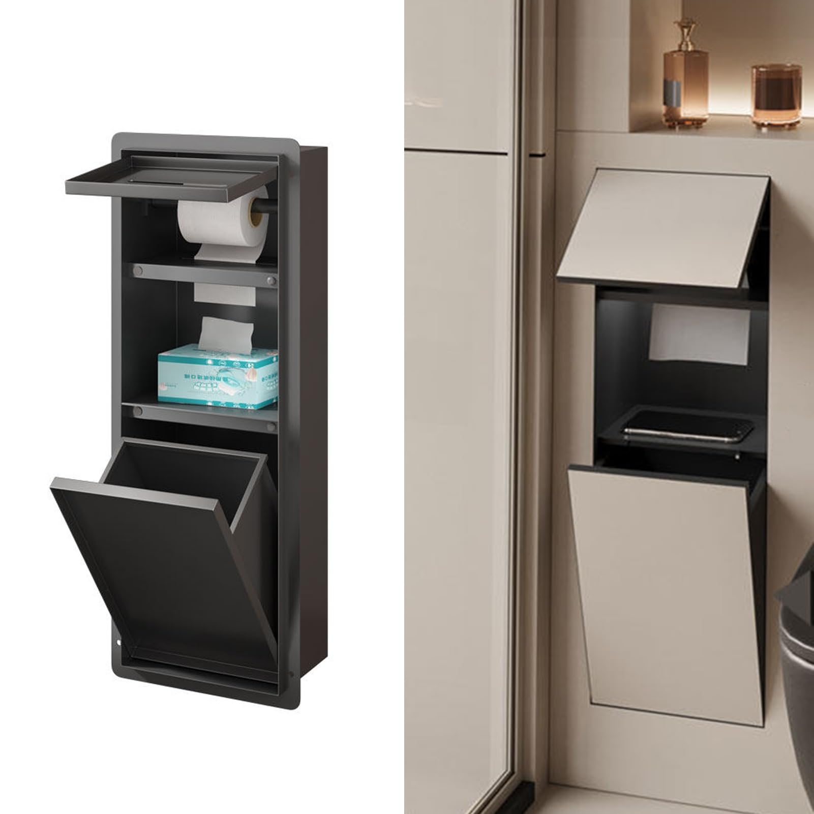 Recessed Trash Can and Tissue Roll Dispenser with Storage, Stainless Steel Shower Niche Ready for Tile, In Wall Toilet Paper Holder for Bathroom Renovation