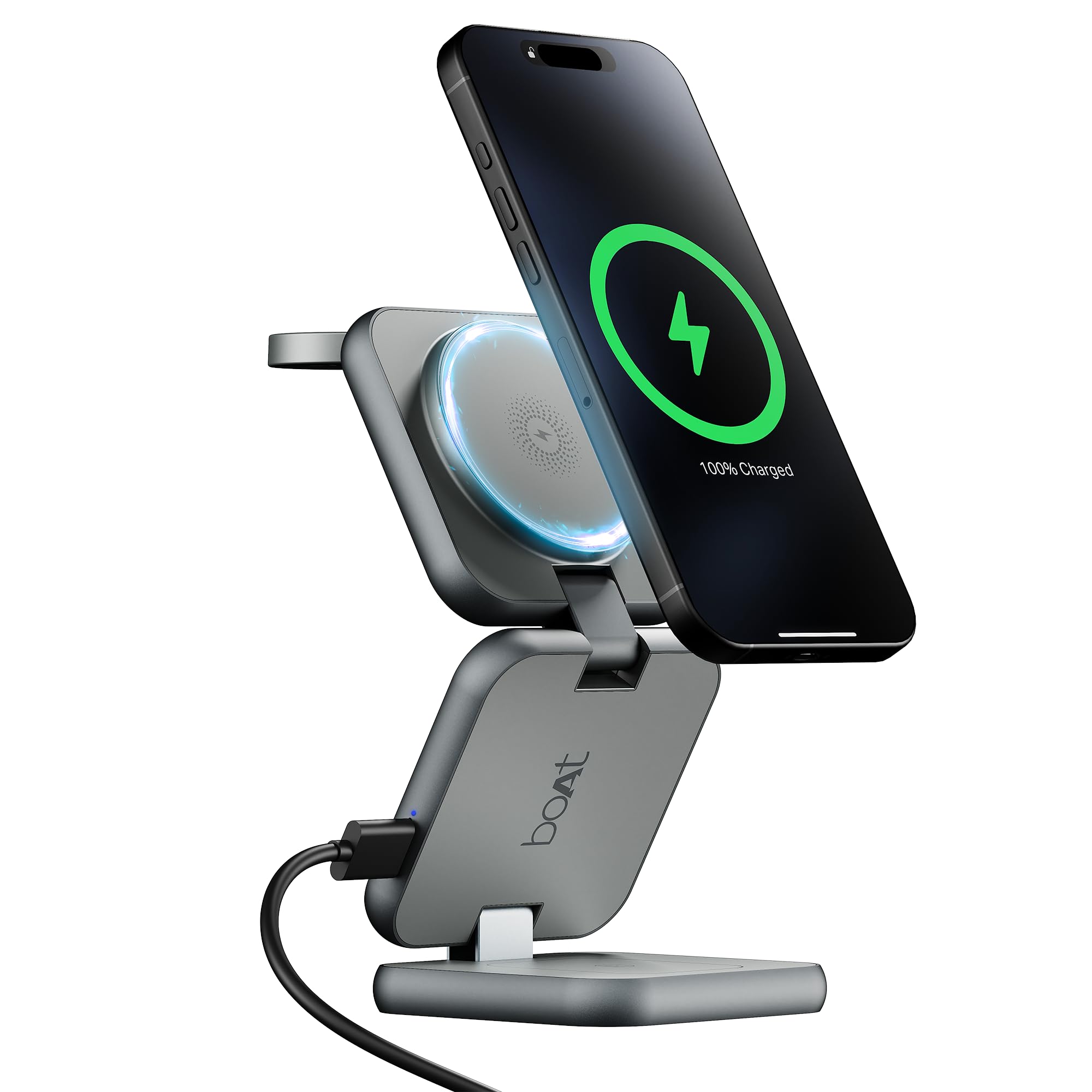 boAt New Launch FlexCharge 360 Wireless 3-in-1 23W Charger; Charge Upto 3 Devices, Foldable, Magnetic & Multi-Angle Charging; LED Indicator & Anti-Slip Finish(Slate Grey)-image-0