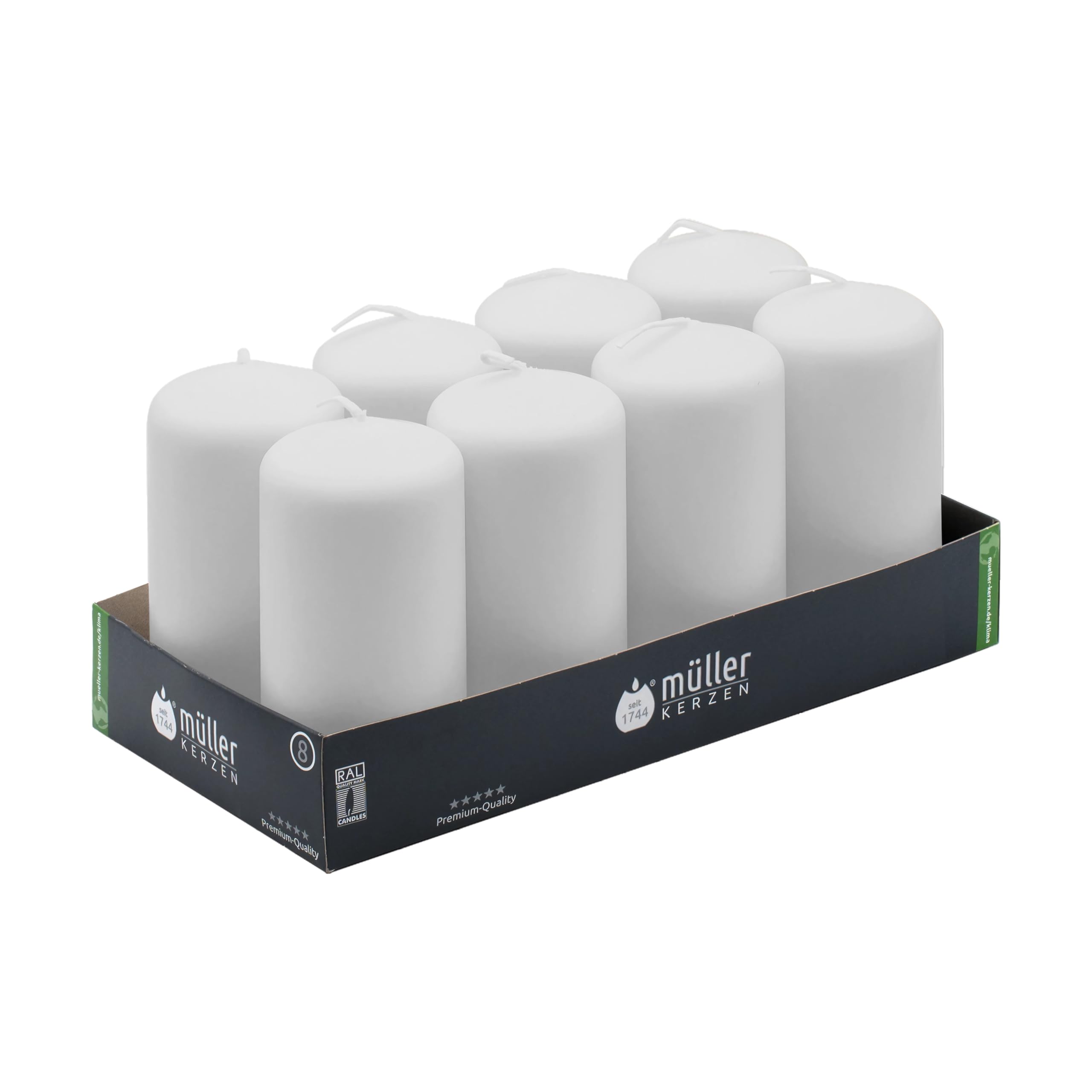 Müller Velas Blancas de Columna Cilíndricas, Juego de 8 Velas Color Blanco, Dim. 120 x 57 mm, larga duración de 32 horas, cera antigoteo, sin olor, calidad RAL