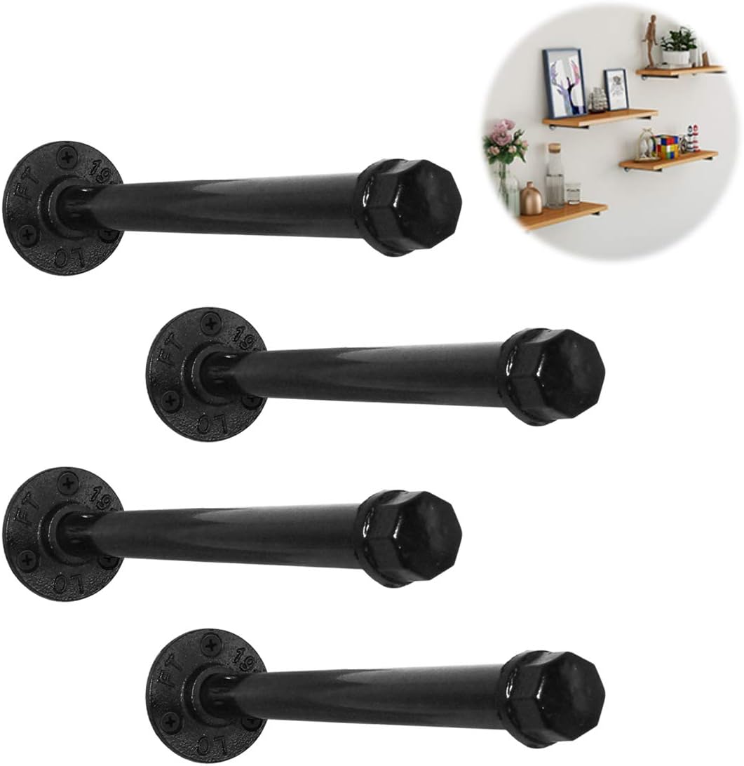 Rustic Industrial Decor Black Iron Pipe Shelf Brackets 4Pcs 10”, Wall Mounted Custom Floating Shelves, Vintage Furniture Decorations, Heavy Duty Decorative DIY Shelving Bracket, with Screw Accessories