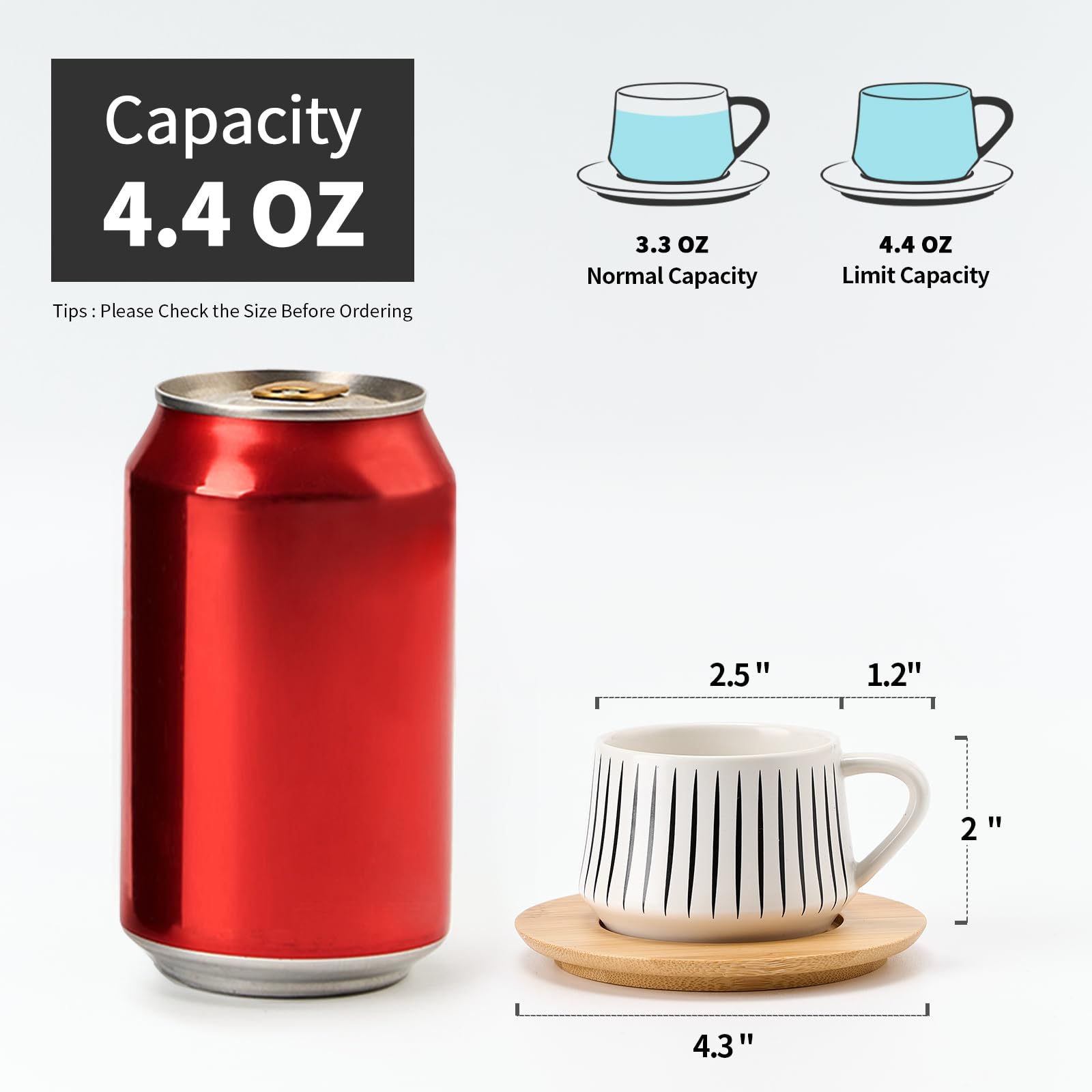 LUKA Juego de 6 tazas de café espresso de cerámica con platillos con soporte de metal, tazas de porcelana Demitasse de 4 onzas para té, espresso, latte, café, café moca, juego de 6, rayas blancas y