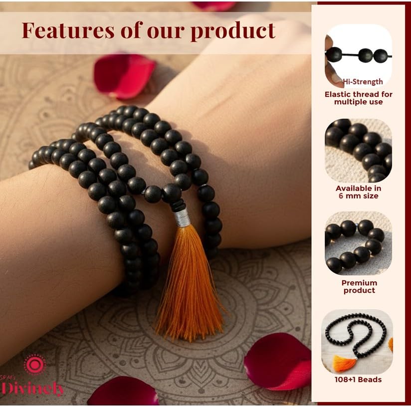Divinely 100% Natural Unpolished Karungali Malai Original 6mm | Certified Elastic Thread Karungali Mala Original | Black Ebony Wood Necklace for Spiritual Growth & Meditation 2
