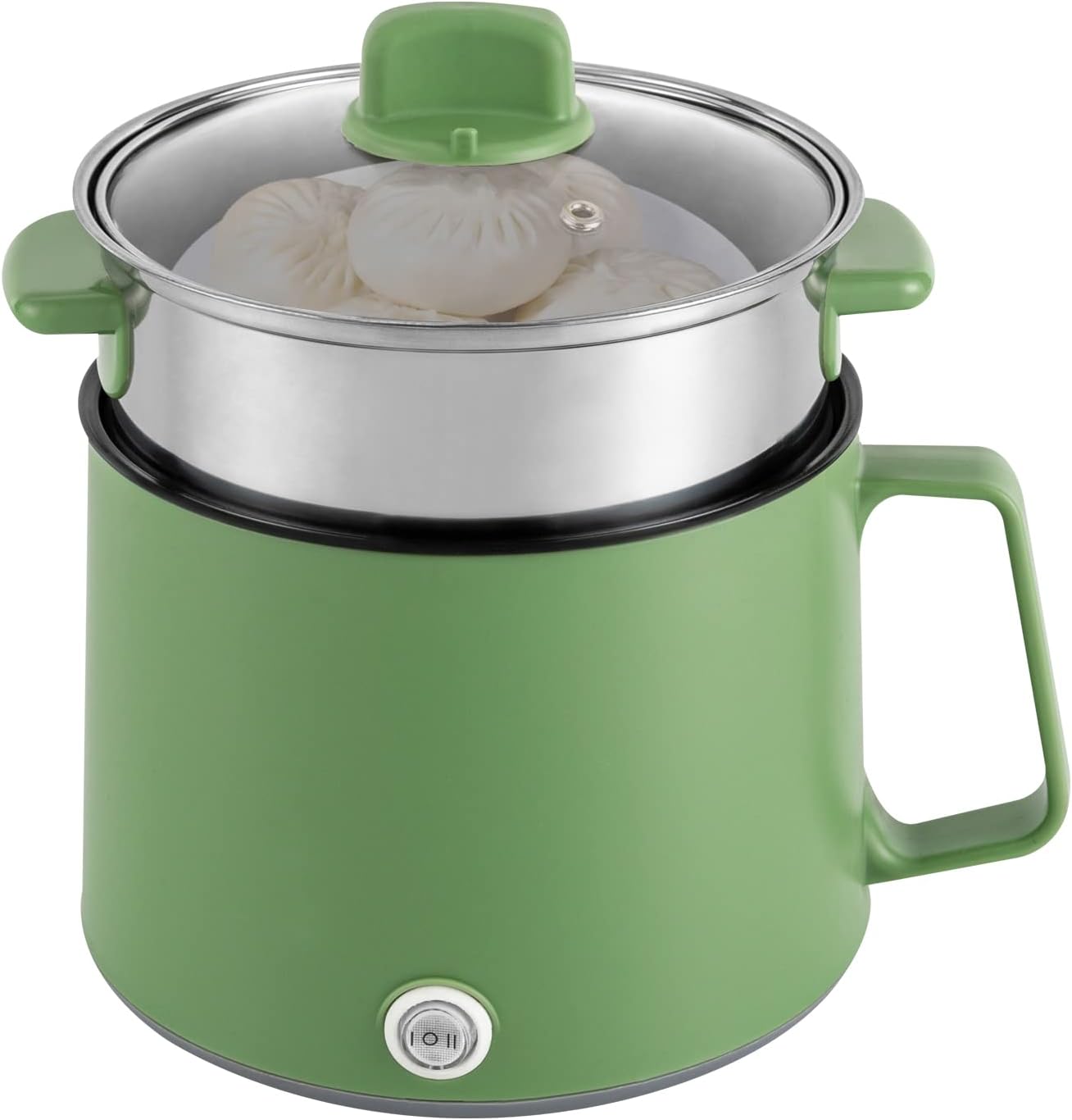 1.7L Electric Cooker 17 * 17 * 25CM Dual Power 300/600W Multi-Use Lid Multi-Functional Electric Hot Pot with Steamer, Non-Stick Mini Electrics Cooker for Noodles, Soup, Porridge (Green)