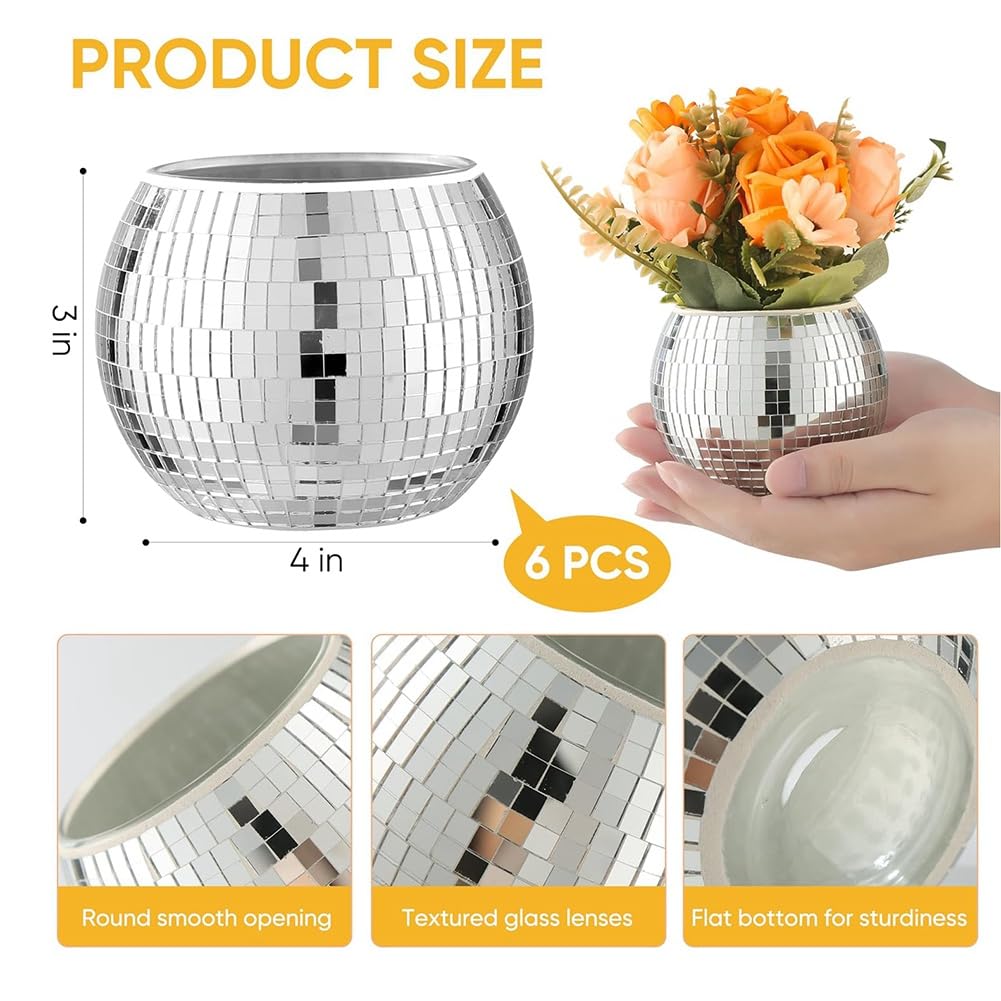 6 Piezas de Florero con Forma Bola Discoteca, Maceta con Forma Bola Discoteca para Centros de Mesa, Florero con Forma de Bola de Discoteca y Espejo Cristal para Bodas