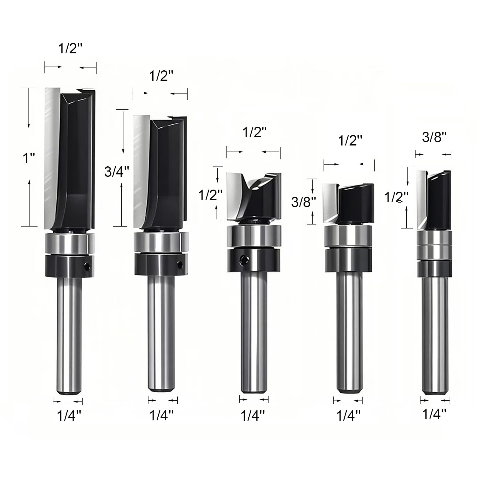 Flush Trim Router Bits - 5 Piece Set -2