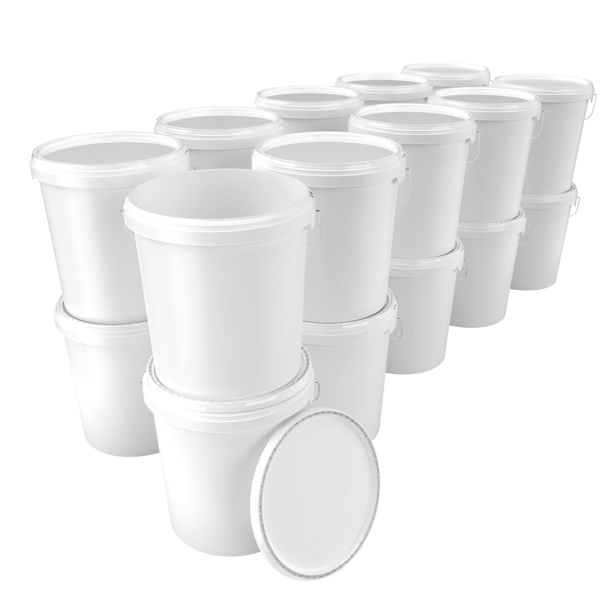 20x Secchio con coperchio da 16 litri bianco - ermetico e stabile per alimenti, secchio vuoto con manico e chiusura in PP, adatto per alimenti, chimica, coloranti, detersivo in polvere, adesivi