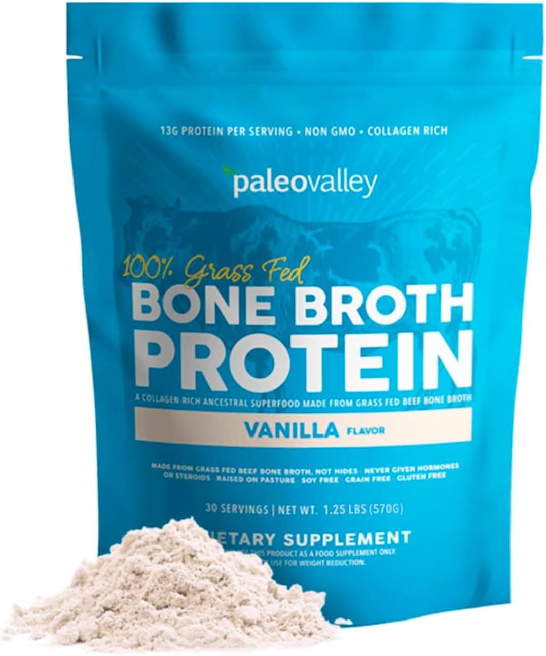 Protein powder from animal bone broth, which is rich in collagen for hair, skin, intestinal health and support of bones and arctic with 100% willow and vanilla